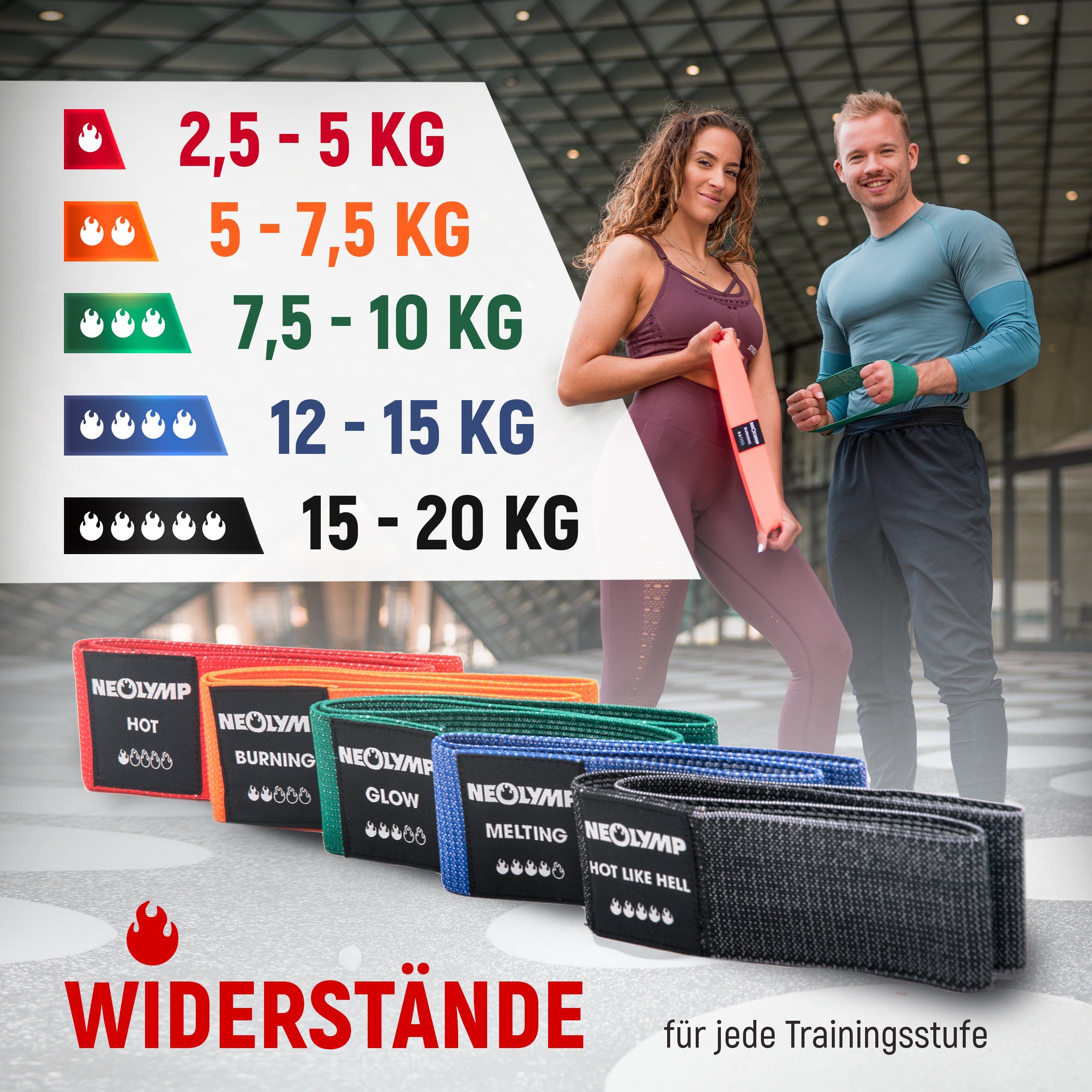 NEOLYMP Trainingsband Beine Naturfasern, hygienisch, langlebig, PoI 5er-Set Bauch MinibänderI Trainingsband IMB310, E-Book, mit Fitnessbänder waschbar Premium komfortabel