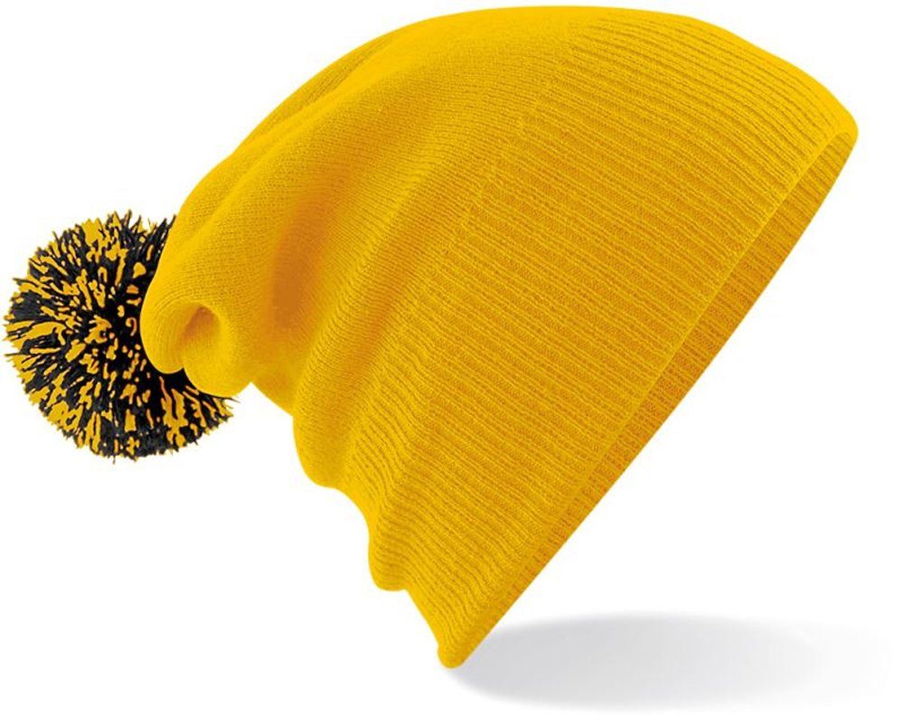 Goodman Design Bommelmütze Strickmütze Beanie Pompon Mütze Pudelmütze Duales Design – mit Umschlag oder als Slouch-Beanie Gold/Black
