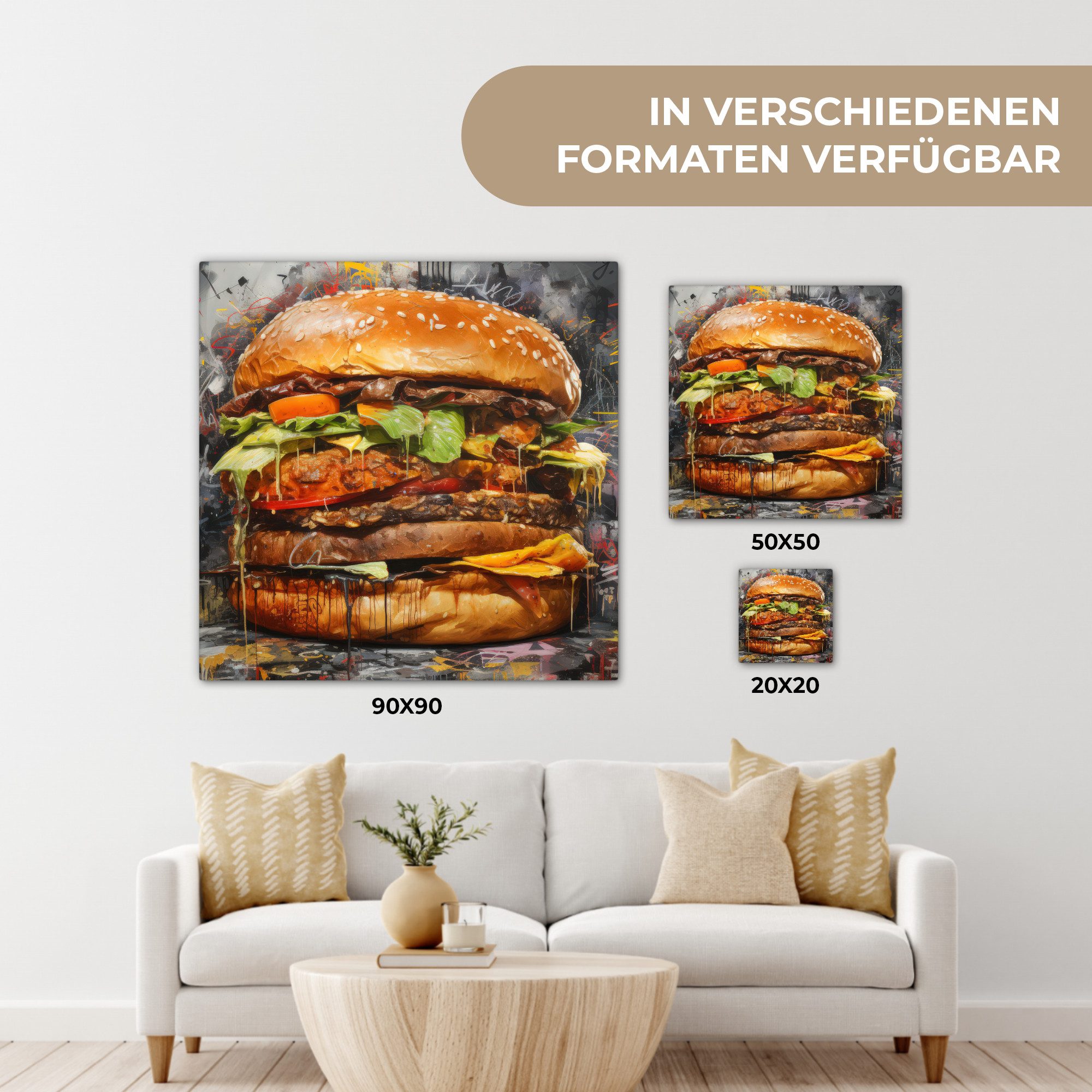 OneMillionCanvasses® Leinwandbild Burger - Essen - Kunst - Grau - Graffiti, Fotodruck (1 St), Wandbild, Deko Schlafzimmer Wohnzimmer Flur 20x20 cm – Bild 5 von 5
