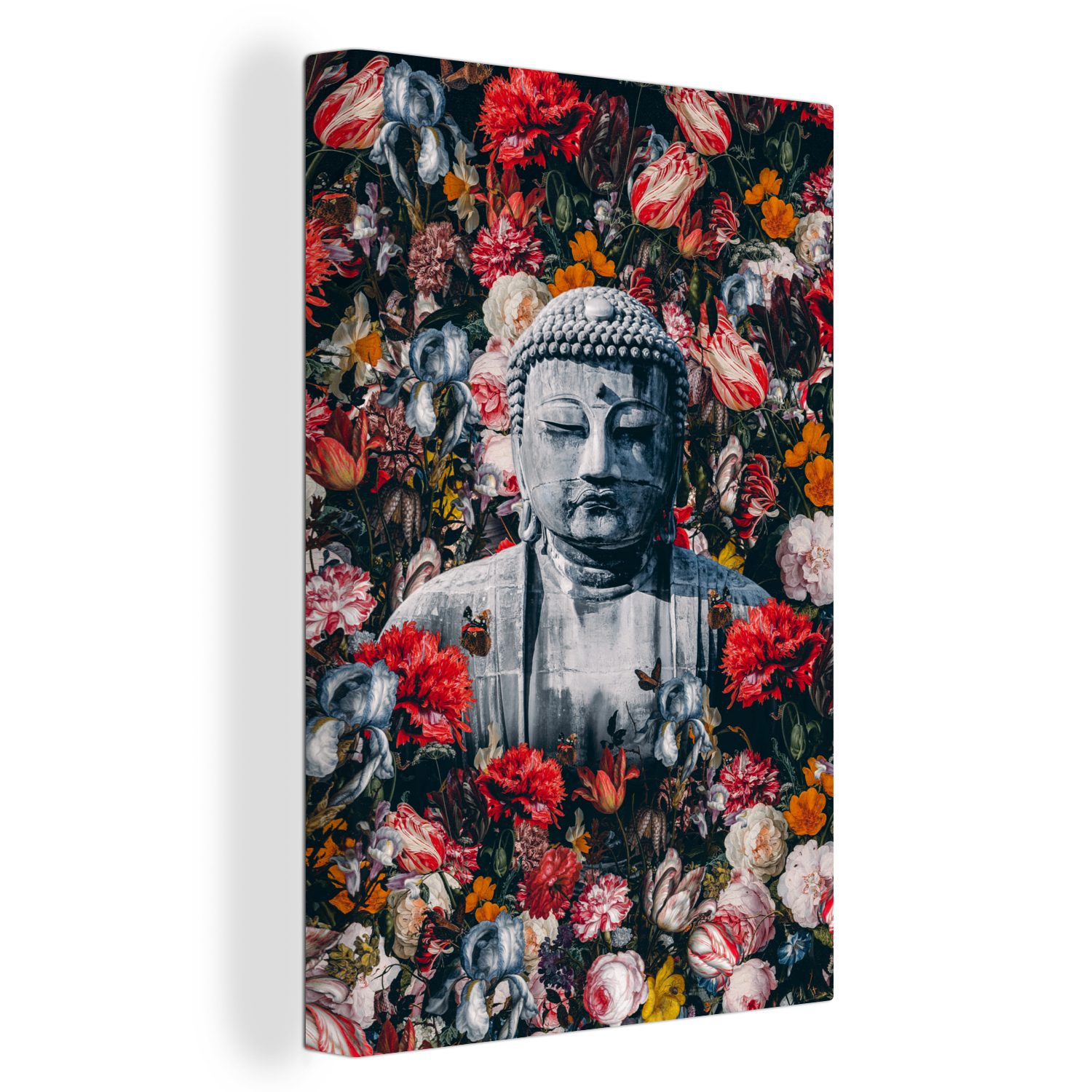bespannt St), Buddha inkl. Blumen, cm - Bild OneMillionCanvasses® - 20x30 Leinwandbild (1 Zackenaufhänger, fertig Gemälde, Leinwandbild