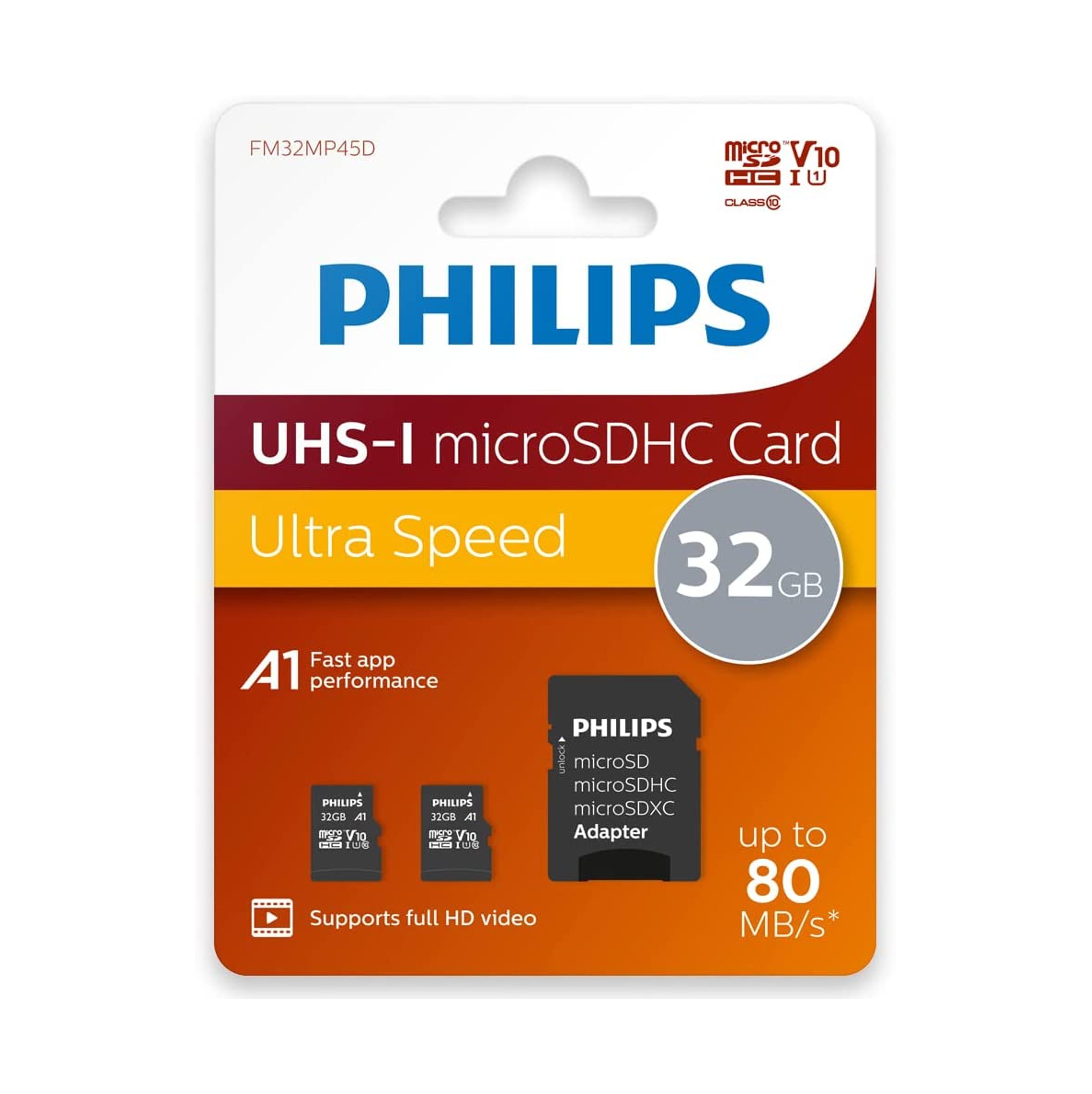 Philips FM32MP45D/00 Micro SD-Karte (USB 3.0, Lesegeschwindigkeit 80,00 MB/s, 2x 32 GB micro SD-Karte, Adapter)