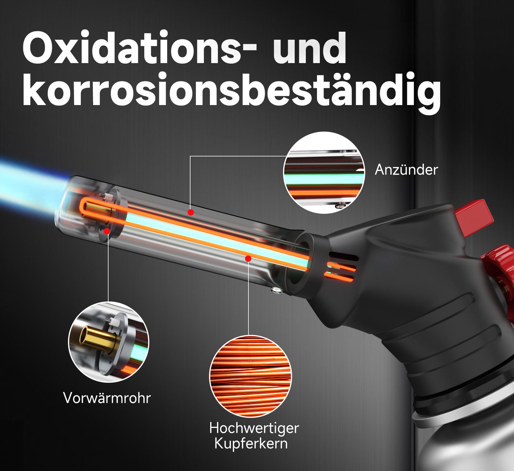 HOMELUX Flambierbrenner Gasbrenner, Küchenbrenner, Bunsenbrenner 1300°C Temperatur, (Brenner für BBQ, Kochen, Camping, Löten, 1-tlg), Stufenlose Flammenregulierung bis zu 1300℃