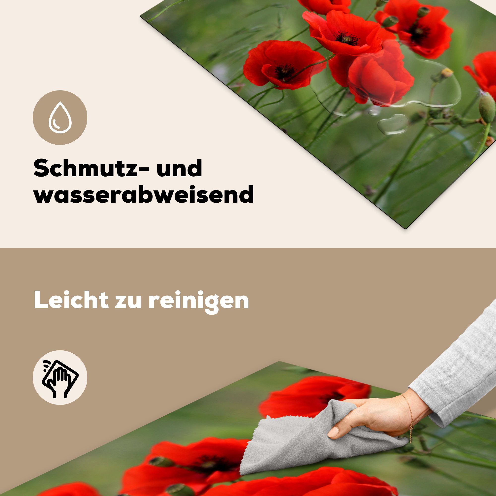 Herdblende-/Abdeckplatte - Vinyl, 81x52 für küche, die cm, tlg), Induktionskochfeld (1 Schutz Mohn Ceranfeldabdeckung Blumen - Rot, MuchoWow