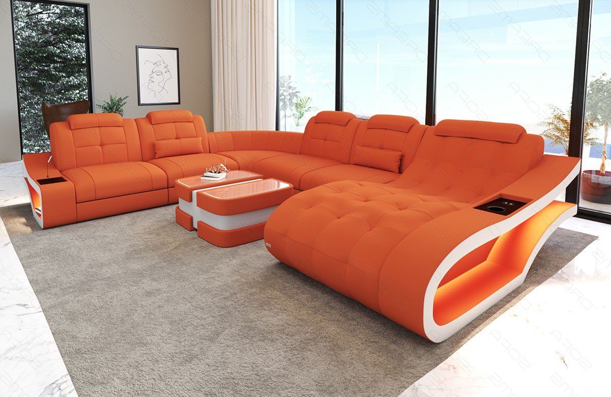 Sofa Dreams Wohnlandschaft Sofa Elegante M XXL Form Stoffsofa Polster Stoff Couch, wahlweise mit Bettfunktion orange-weiß