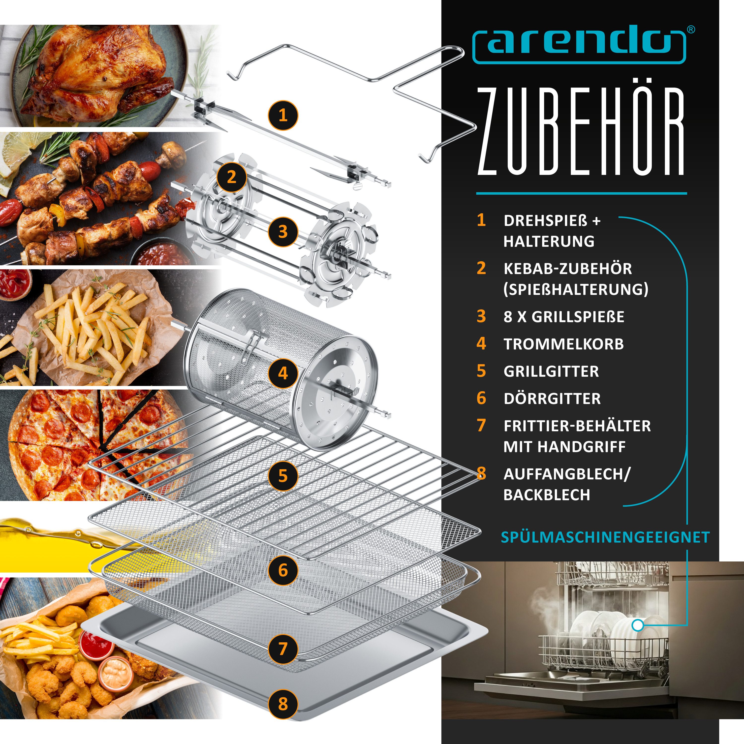 Arendo Minibackofen Airfryer 30L Edelstahl mit Umluft, XXL Heißluftfritteuse 1800W, mini Backofen Dörrgerät + Zubehör, Drehspieß, rotierender Frittierkorb – Bild 5 von 5