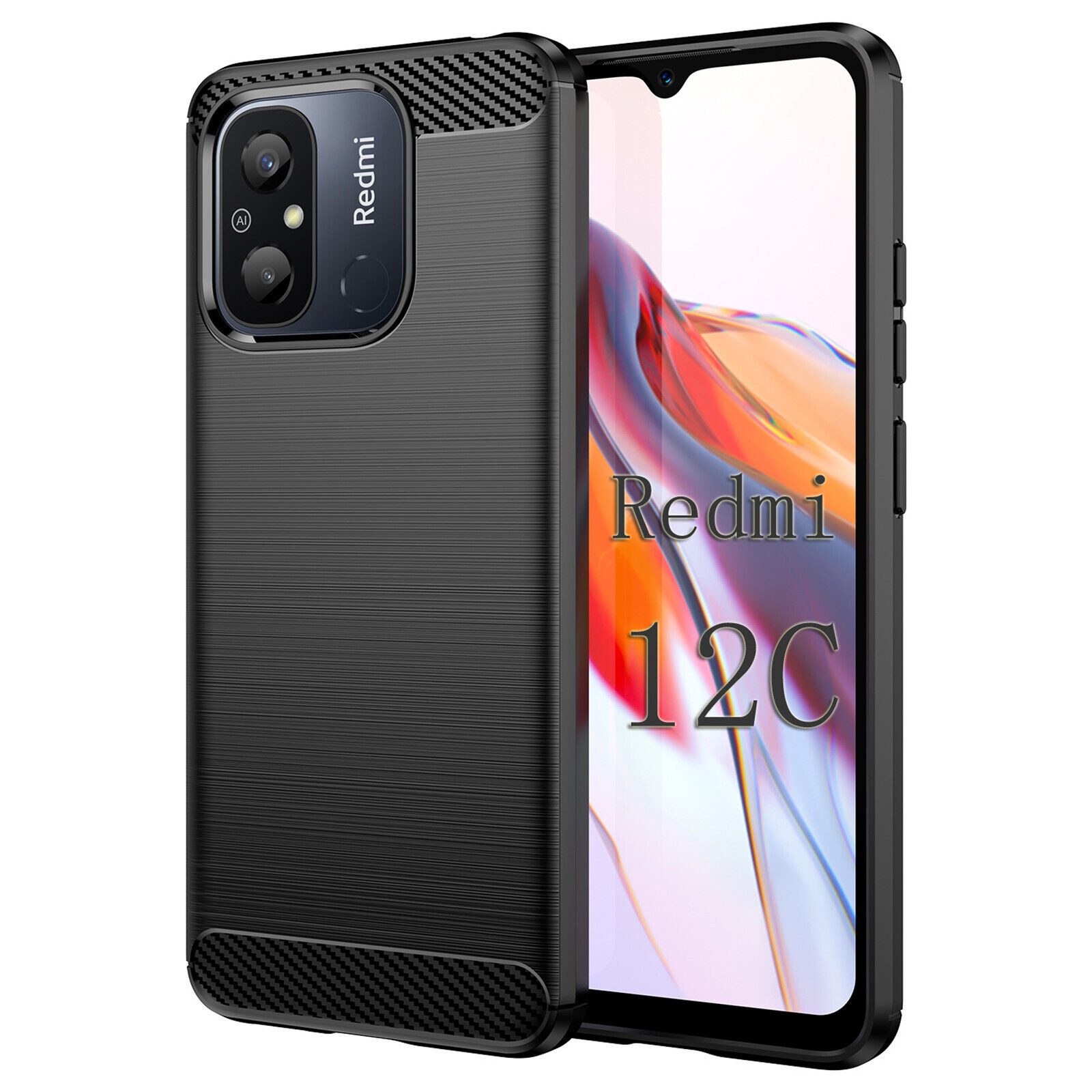 betterfon Handyhülle Carbon Hülle für Xiaomi Redmi 12C Backcover TPU Silikon Bumper Schwarz, Carbon-Look – stoßfestes Case mit Air-Cushion & Metall-Optik