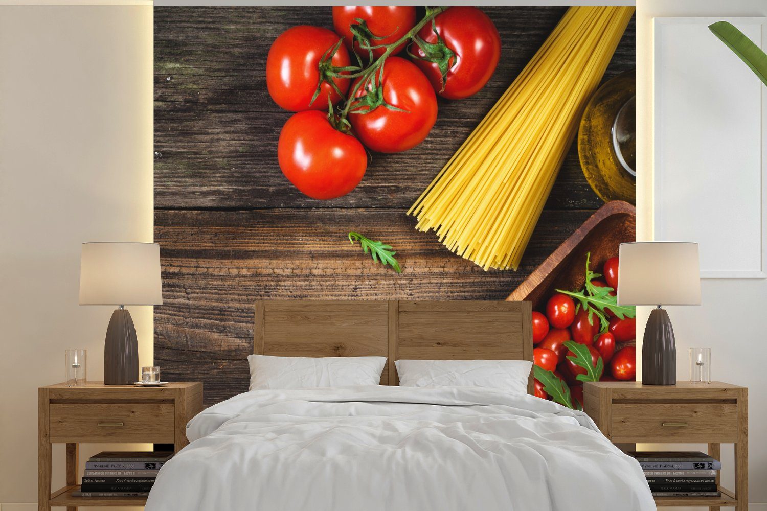 MuchoWow Fototapete Nudeln - Tomate - Küche, Matt, bedruckt, (5 St), Vinyl Tapete für Wohnzimmer oder Schlafzimmer, Wandtapete