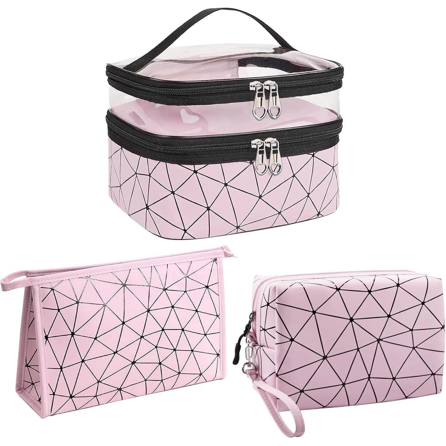 LuxusKollektion Kosmetiktasche Kosmetiktasche Damen Set 3er Transparent Doppellagig Reise Rosa