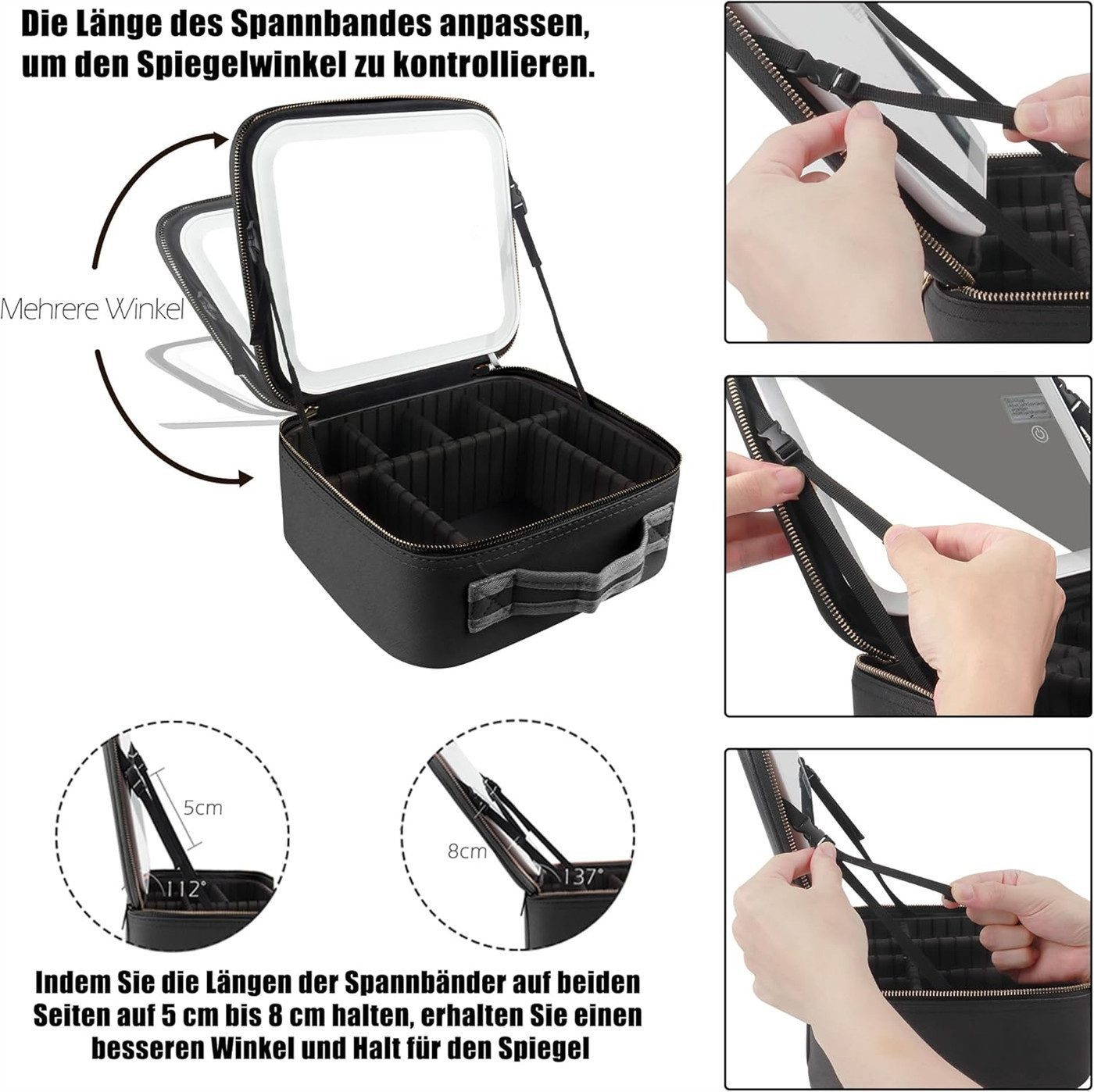 AURIVION Kosmetiktasche Kosmetiktasche Make up Tasche (Set, 1-tlg., USB-C Aufladung,Reisebox für Damen), Kosmetiktasche mit LED Spiegel SchminktascheMit großer Pinselstauraum
