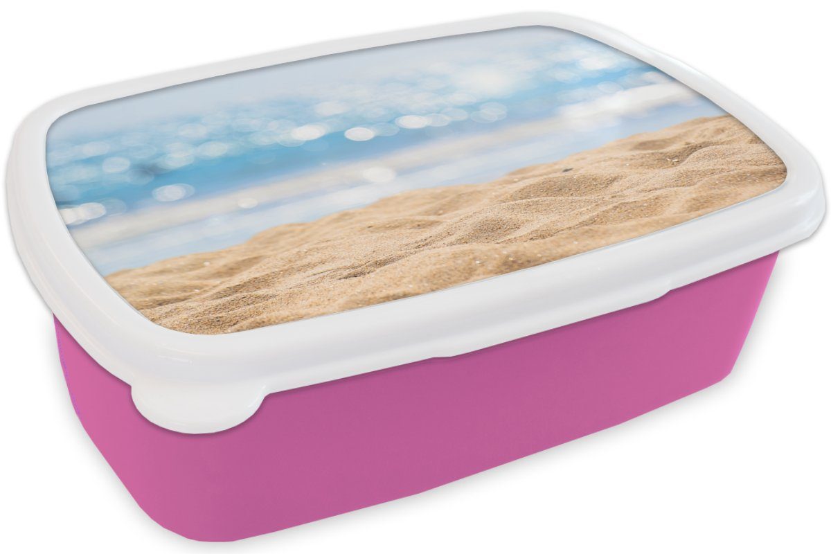 rosa - Brotbox Sand, MuchoWow Erwachsene, Kunststoff, Brotdose Snackbox, Lunchbox Strand für Kunststoff Meer Kinder, (2-tlg), - Mädchen,