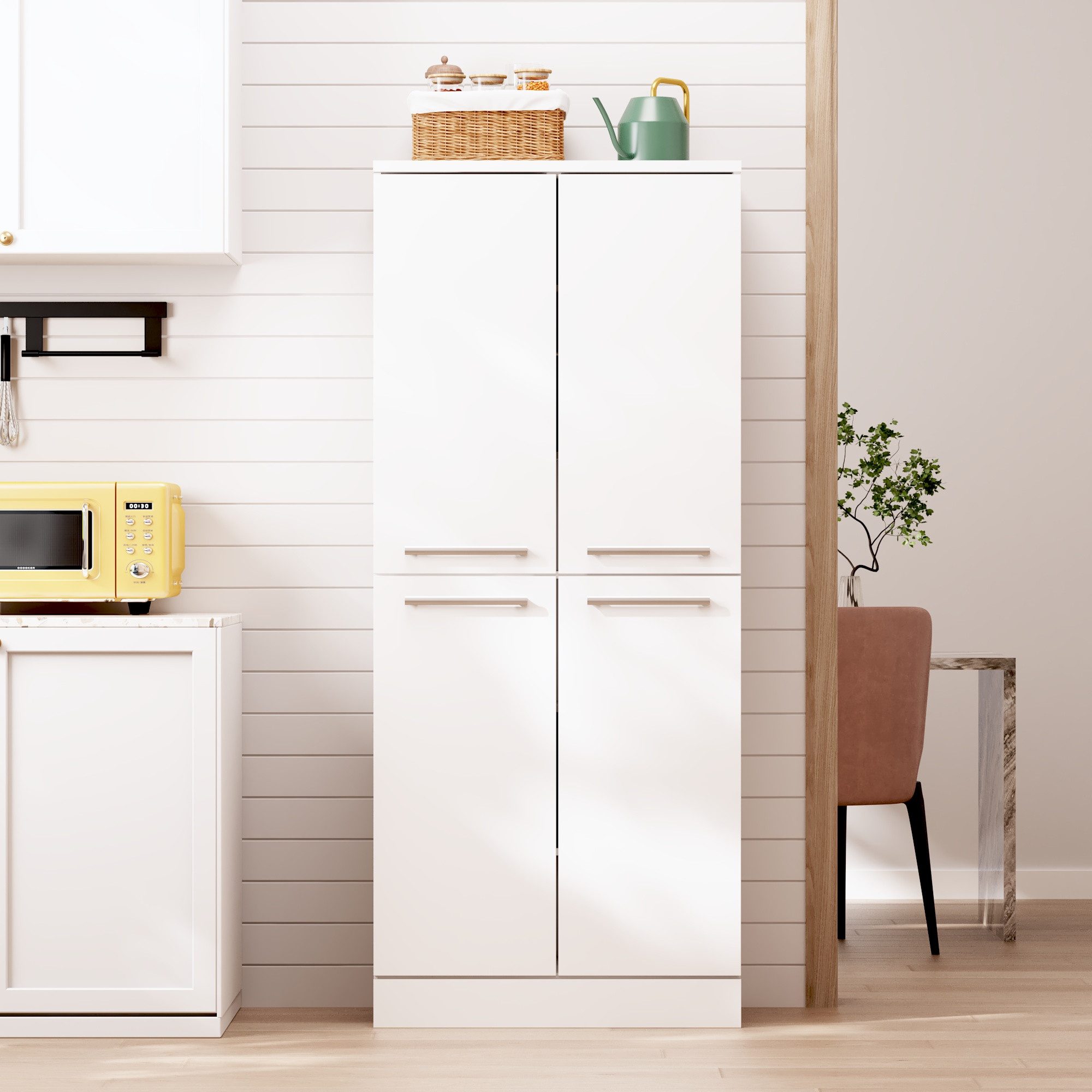 Odikalo Hochschrank Küchenschrank Küchenbuffet mit Stauraum und Regal (Kitchen Pantry Cabinet Weisser Hochschrank glänzend 4-türiger Vorratsschrank im Kühlschrank-Design Höhenverstellbare Böden Großer Küchenschrank mit Metallgriffen 76x42x180cm)