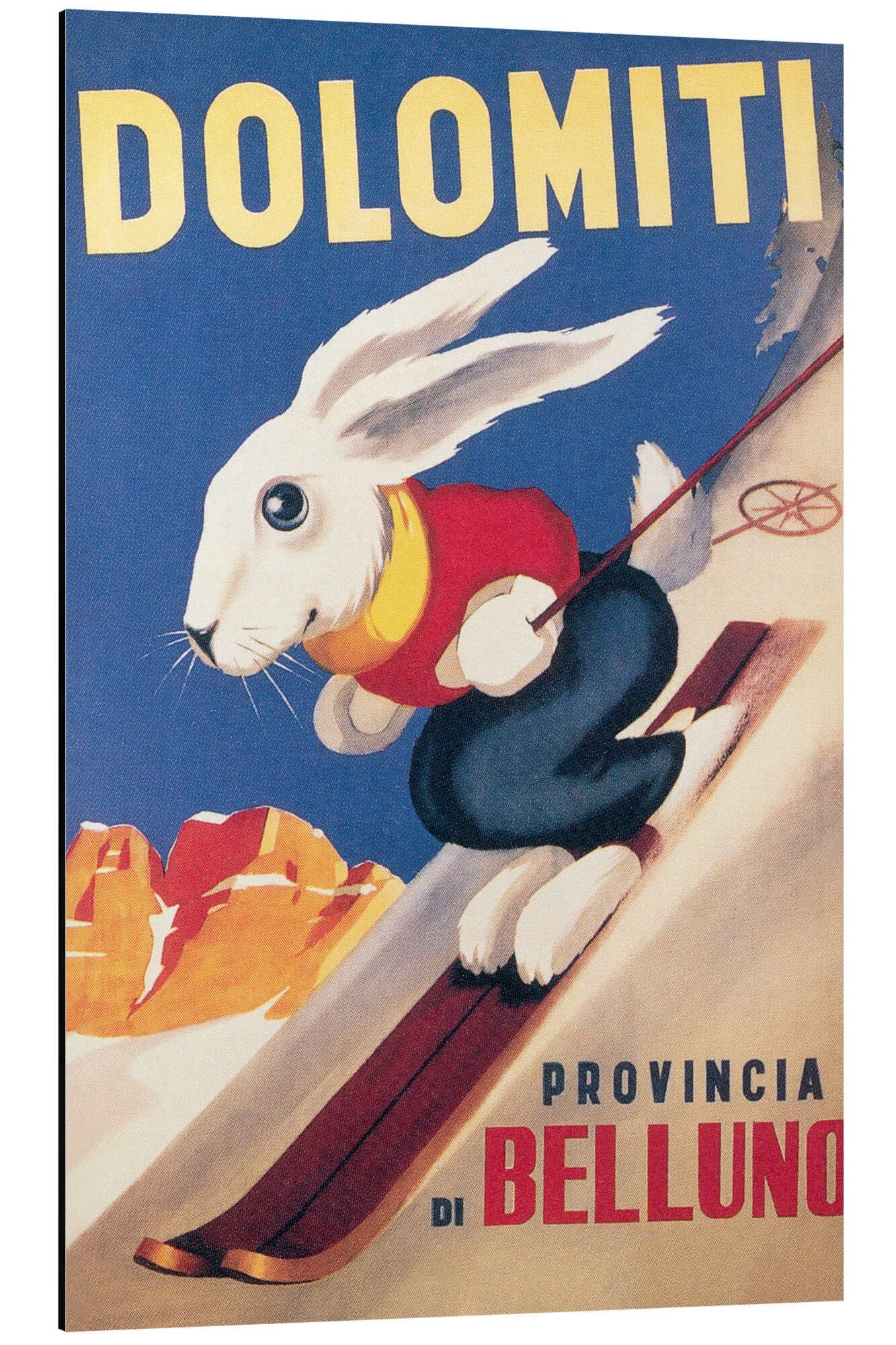 Posterlounge Alu-Dibond-Druck Vintage Ski Collection, Dolomiten Skikaninchen (italienisch), Kinderzimmer Vintage Illustration