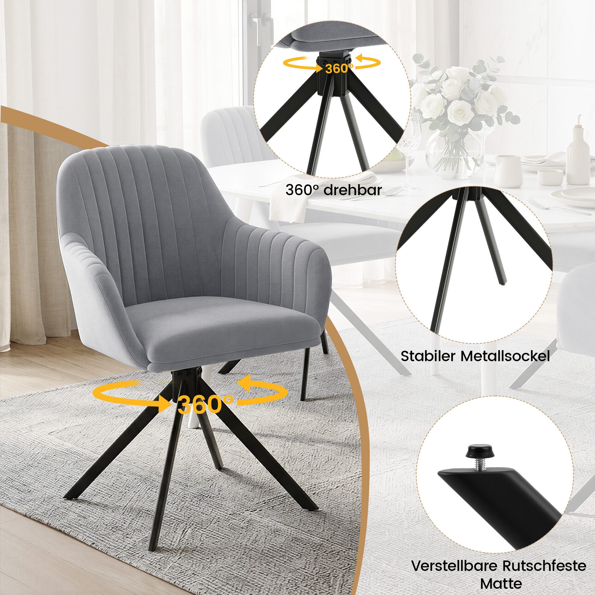 HawthyHome Esszimmerstuhl 2er Set mit Armlehne & Metallbeinen, Samt Polsterstuhl, 360° Drehbar (1 St), 360° Drehbar, Höheneinstellbar – Bild 3 von 5