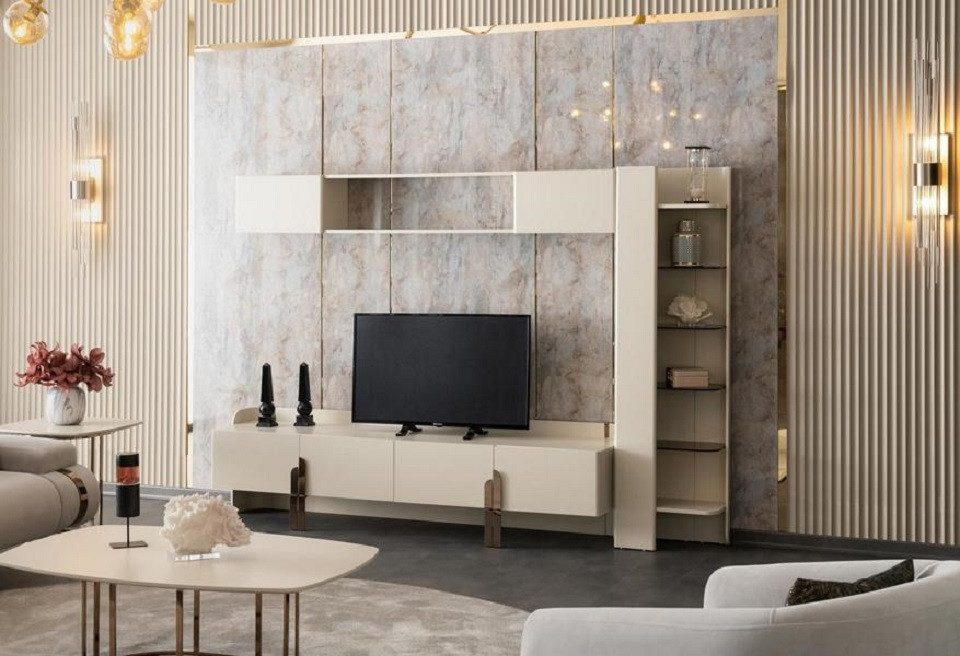 Wohnwand Beige Sideboard mit Wandregal und Stauraum für Bücher und Deko