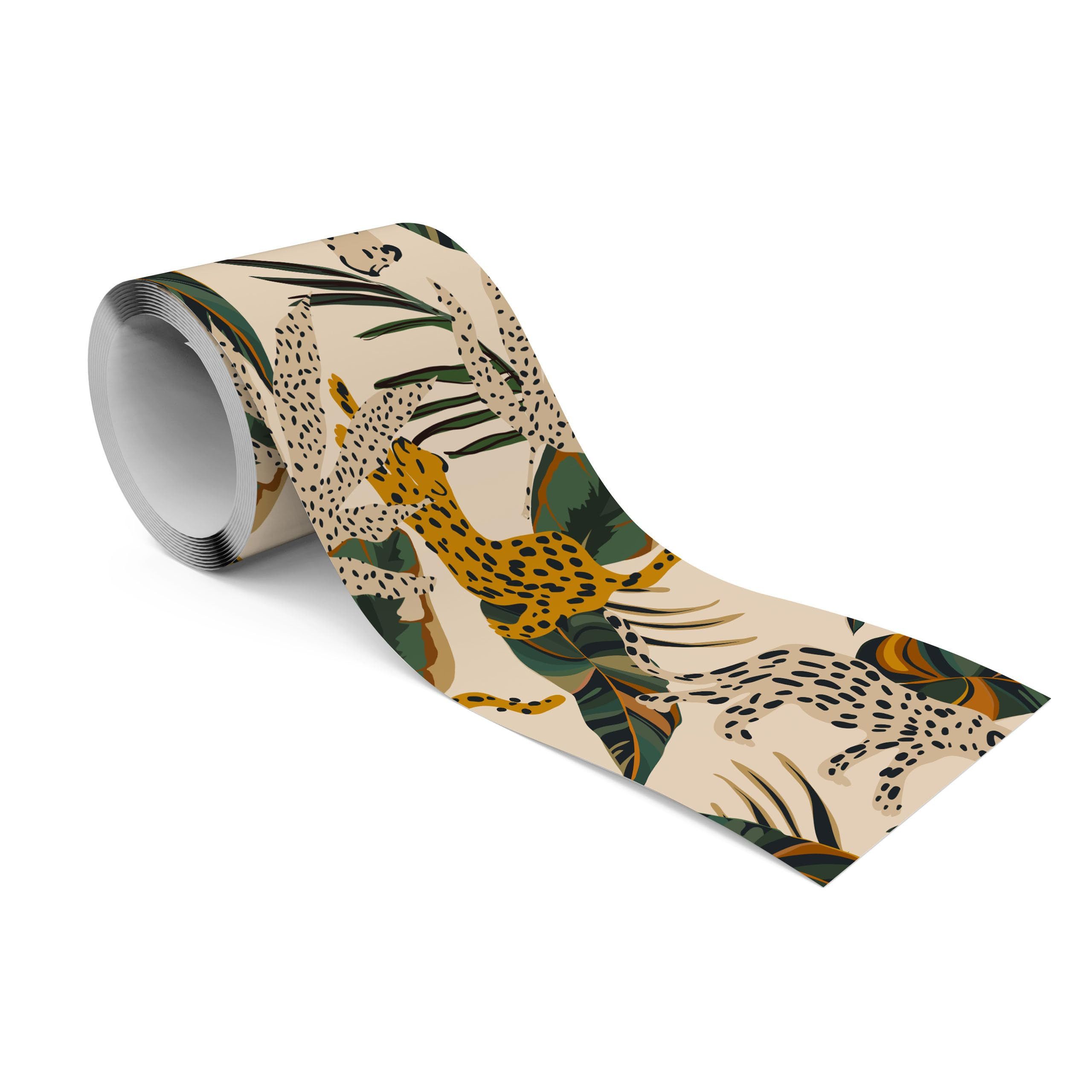 Muralo Bordüre Wandbordüre selbstklebend Blätter – Tapetenbordüre Wohnzimmer, bedruckt, Leoparden und Blätter – Muster 18, 10 x 300 cm, abriebfest, abwischbar