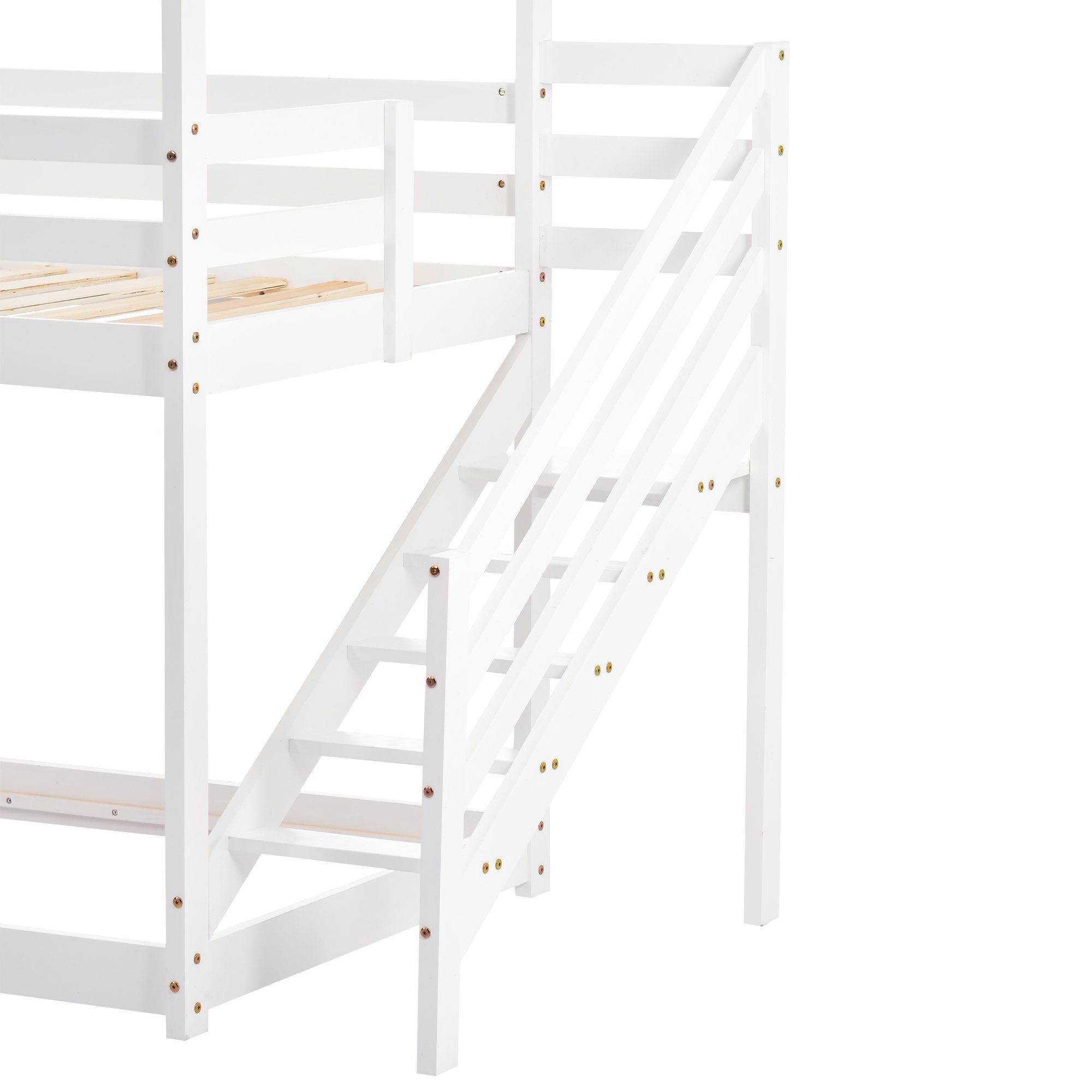 Etagenbett (Hochbett Hausbett Spielbett mit Treppe, Fallschutz und Lattenrost), Kinderbett Stockbett 90x200 cm, Kiefer, Ohne Matratze, Weiß