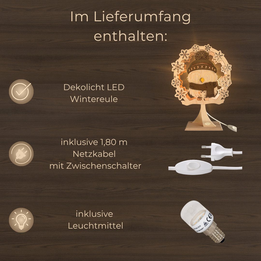 Weigla LED Dekolicht Wintereule auf Sockel, aus Holz, NATUR-BRAUN, LED wechselbar, Holzkunst aus dem Erzgebirge