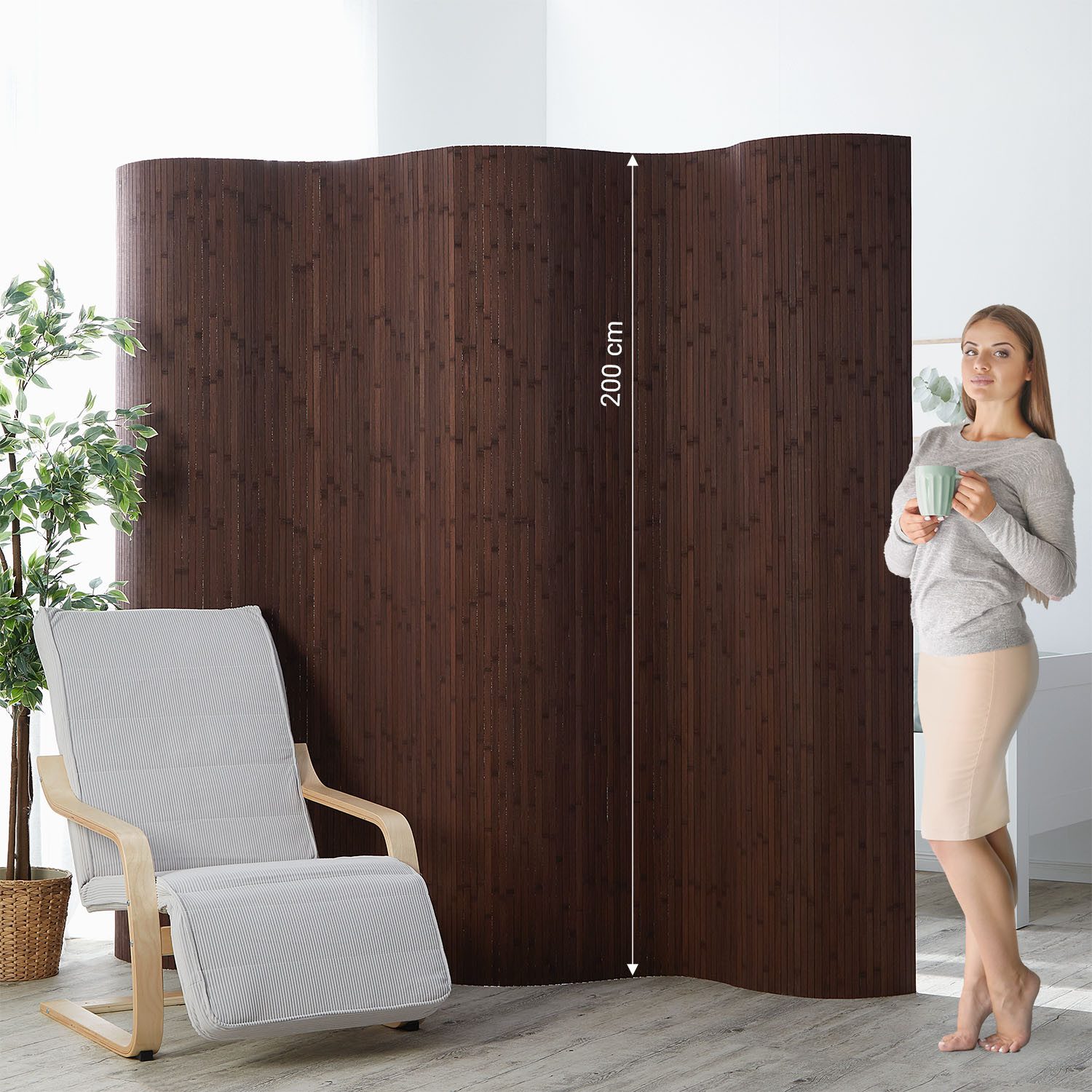 Homestyle4u Paravent Raumteiler Trennwand Bambus Sichtschutz Innen Holz 2 Meter hoch (1 St), Dunkelbraun
