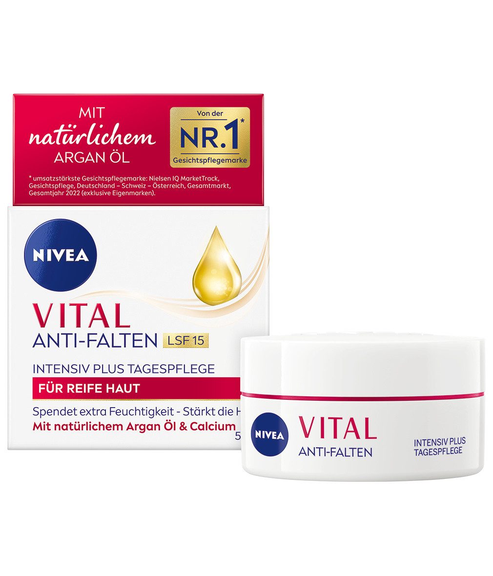 Nivea Tagescreme VITAL Anti-Falten Intensiv Plus LSF 15 Bio Arganöl 2 x 50 ml, 2-tlg., Bio Arganöl, Calcium