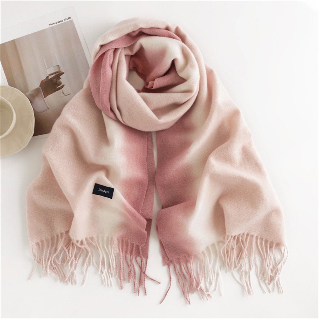 DÖRÖY Modeschal Damen Winterschal mit Farbverlauf und Quasten, warmer Modeschal Rosa