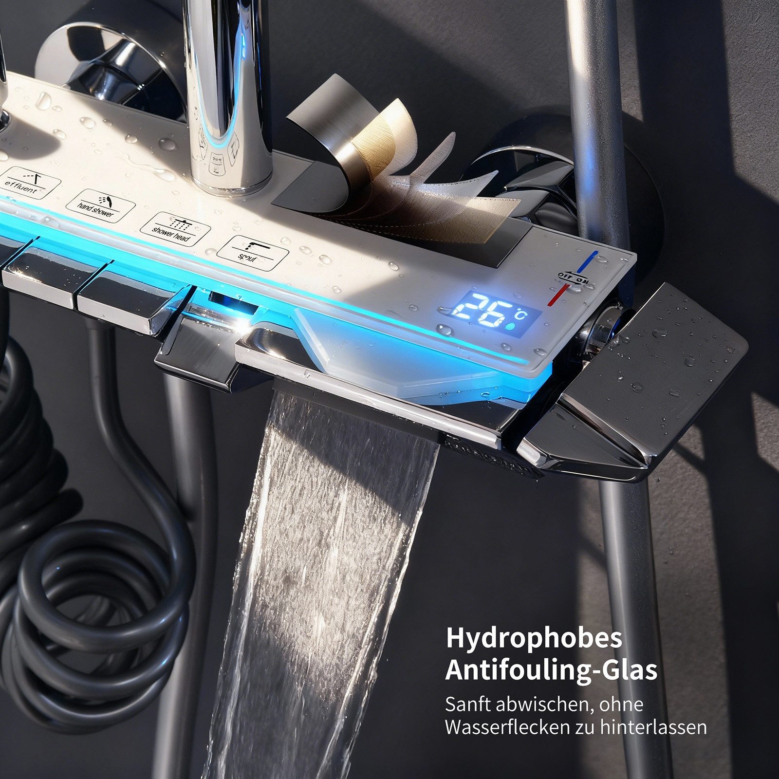 HOMELODY Duschsystem Duscharmatur Komplettset mit Glasablage - Regendusche mit Armatur, 3 Strahlart(en), Set, Duscharmatur mit Klavierknopf,4 Strahlarten mit Wasserfall-Auslauf