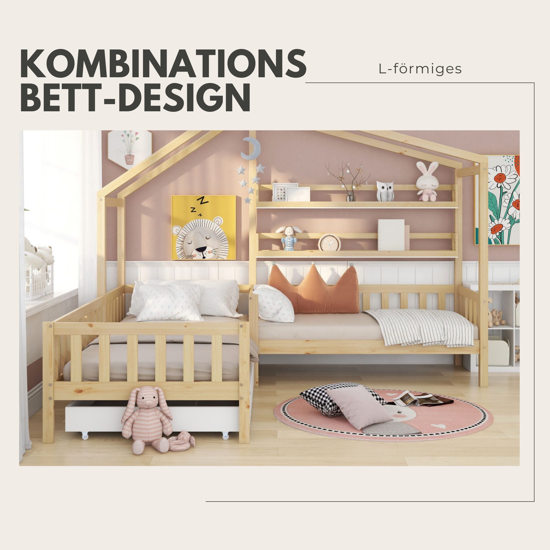 SeedWave Hausbett Kinderbett mit Schubladen und Regalen,Zwei Betten(200x90cm/140x70cm), Dachkonstruktion,Eck-L-förmiges Bett Design,Massivholzrahmen – Bild 4 von 5