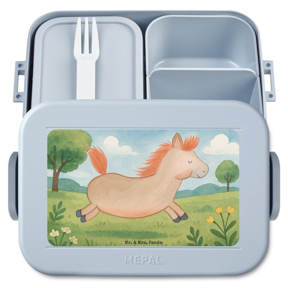 Mr. & Mrs. Panda Butterdose Pferd Springen Design, Lunchbox, Blau Pastell, Pony, Bentobox, Reiten, Polypropylen lebensmittelecht, (Packung), Vesperbox Snackbox Frischhaltedose