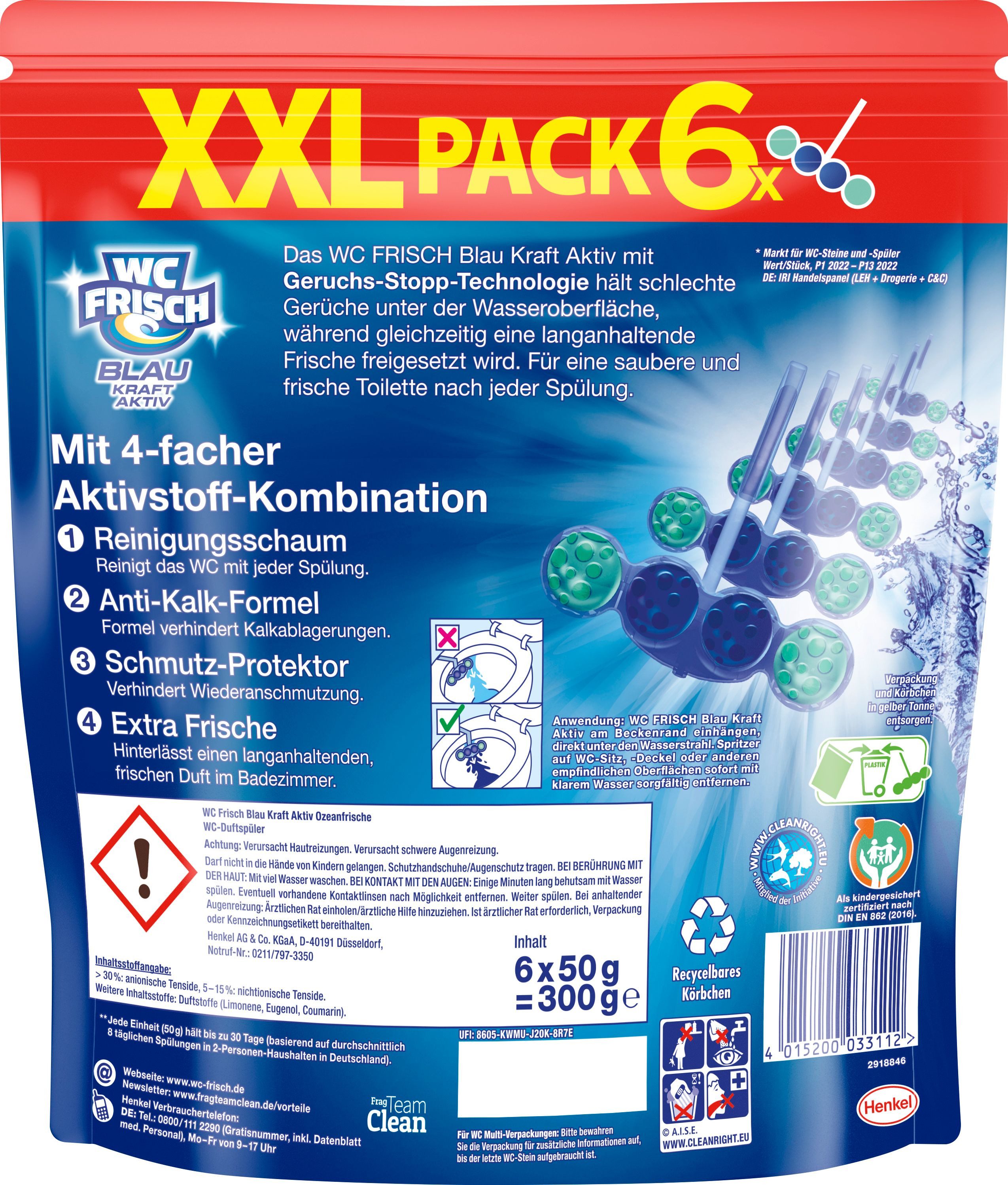WC Frisch Kraft Aktiv Duftspüler Blau Ozeanfrische WC-Reiniger (XXL Spar-Pack, [6-St. 4-fach Aktivstoff-Kombination (6x50g)