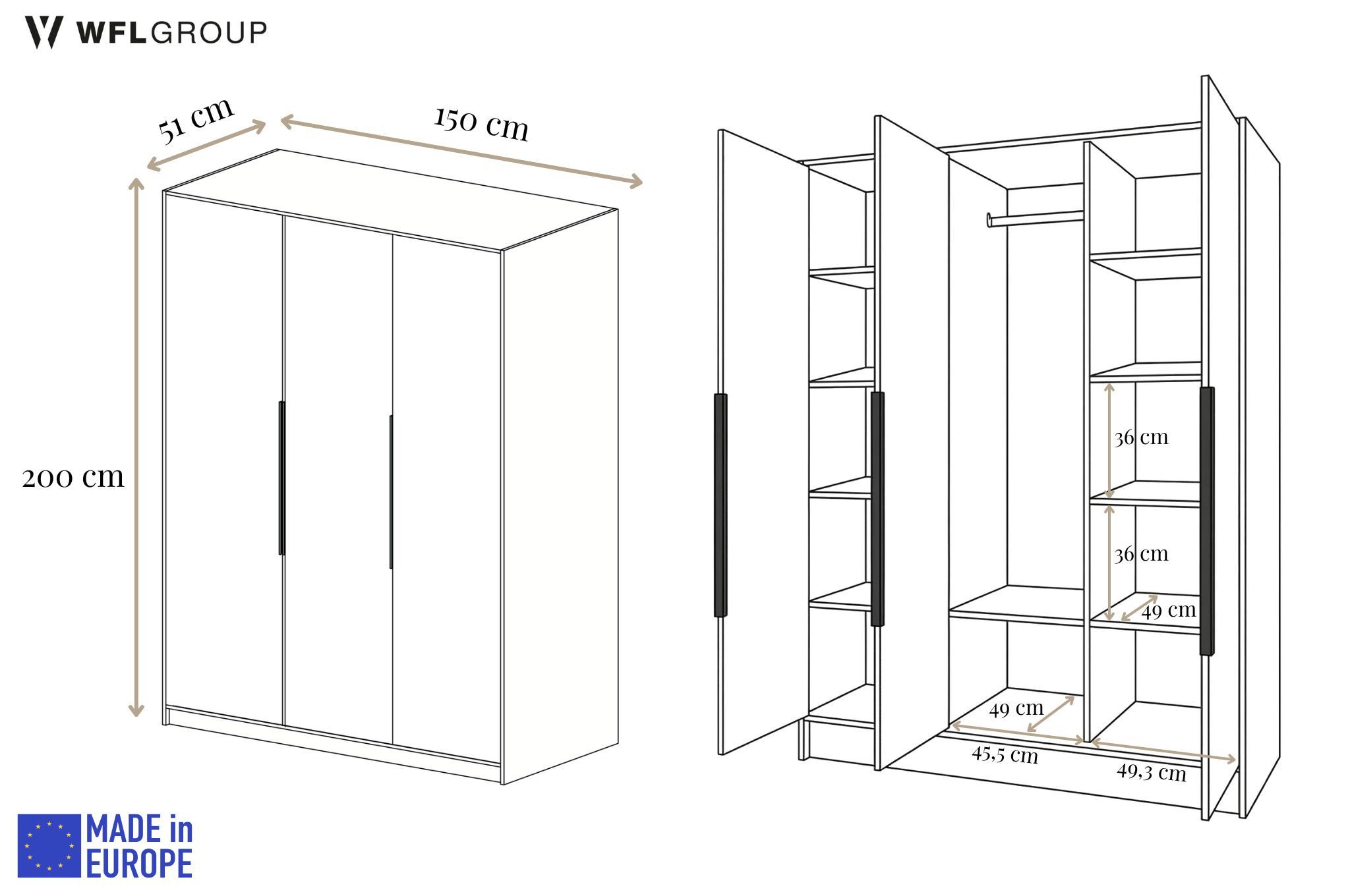 WFL GROUP Kleiderschrank Mono Bis Garderobenschrank für Schlafzimmer im Skandi-Stil (in 3 Größen: 100/150/200 cm Breite, 200 cm Höhe, 51 cm Tiefe) mit Schwarze/Goldene Metallgriffe, Drehtürenschrank mit viel Stauraum
