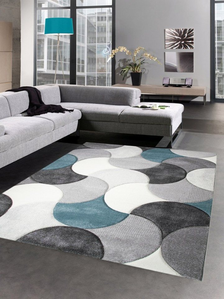 Teppich Designer Teppich Wohnzimmerteppich Kurzflor Tropfen türkis grau  blau, Carpetia, rechteckig, Höhe: 13 mm