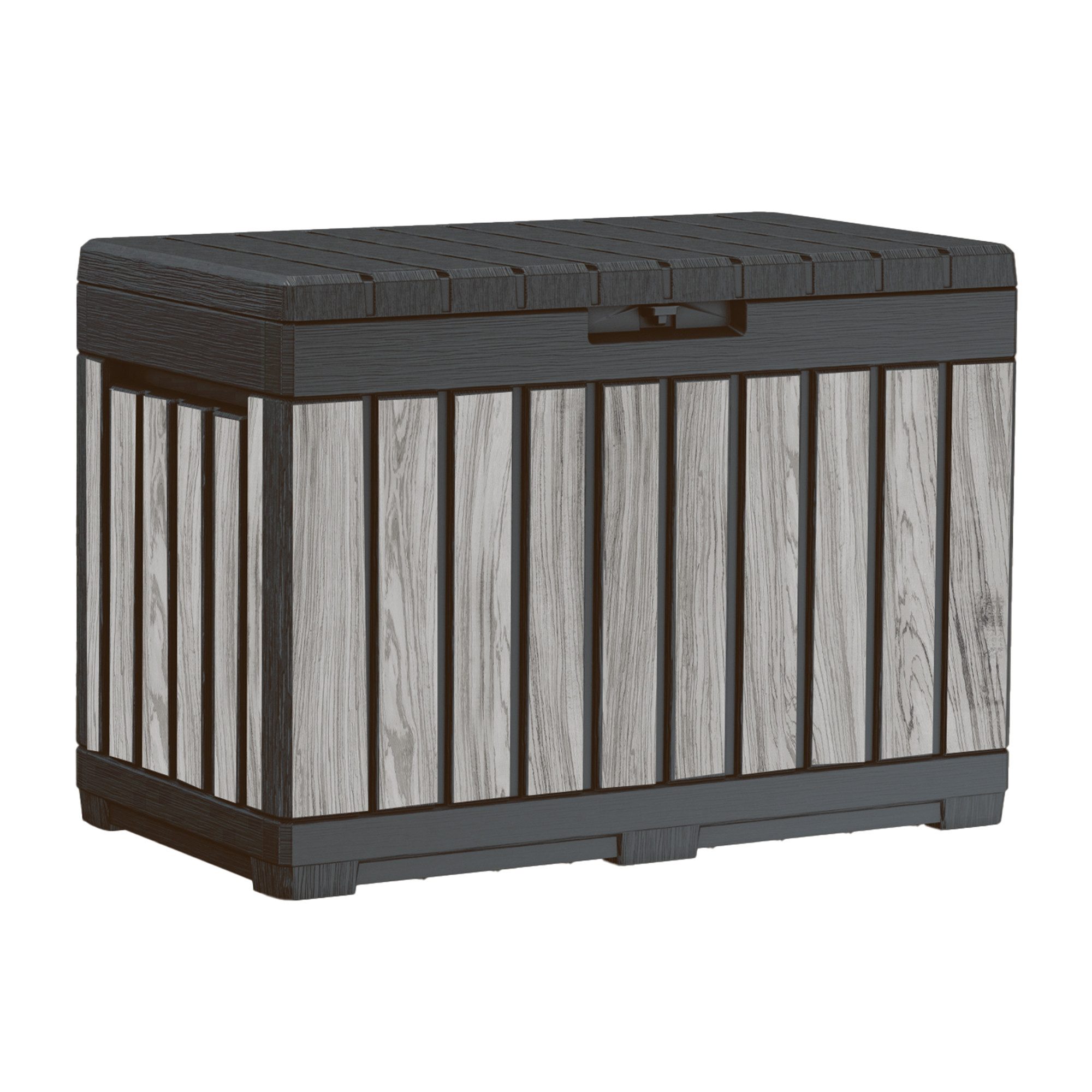 Keter Gartenbox Kentwood, 190 Liter, Holzoptik Stormgrey, Deckel bis 260 kg belastbar, abschließbar, wetterfest, UV-resistent, wartungsfrei