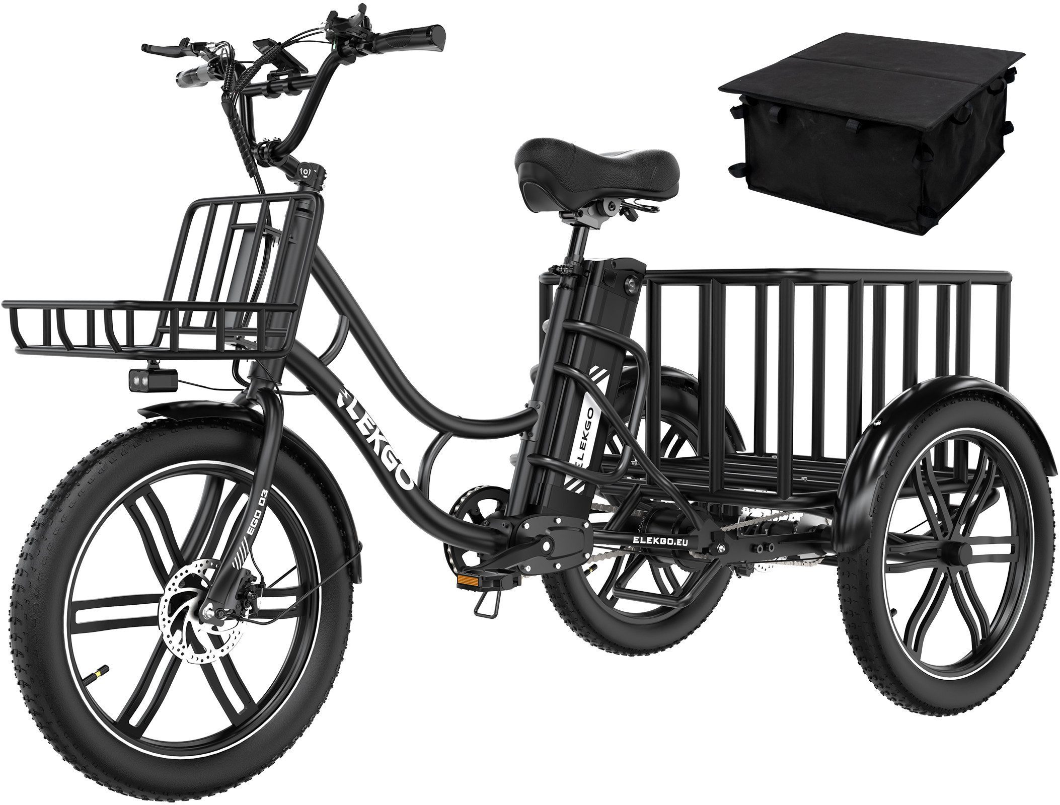ELEKGO E-Bike Elektrisches Dreirad 20*3,0 zoll E-Dreirad Cargo mit 48V18Ah Akku Lastenfahrrad, 1 Gang, Kettenschaltung, Heckmotor, 864 Wh, Mit Körben vorne und hinten für Erwachsene zwischen 16 und 60 Jahren