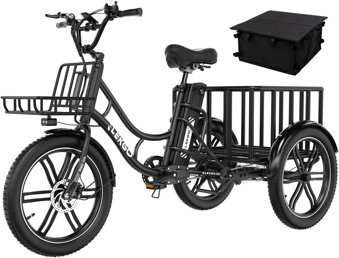 ELEKGO E-Bike Elektrisches Dreirad 20*3,0 zoll E-Dreirad Cargo mit 48V18Ah Akku Lastenfahrrad, 1 Gang, Kettenschaltung, Heckmotor, 864 Wh, Mit Körben vorne und hinten für Erwachsene zwischen 16 und 60 Jahren