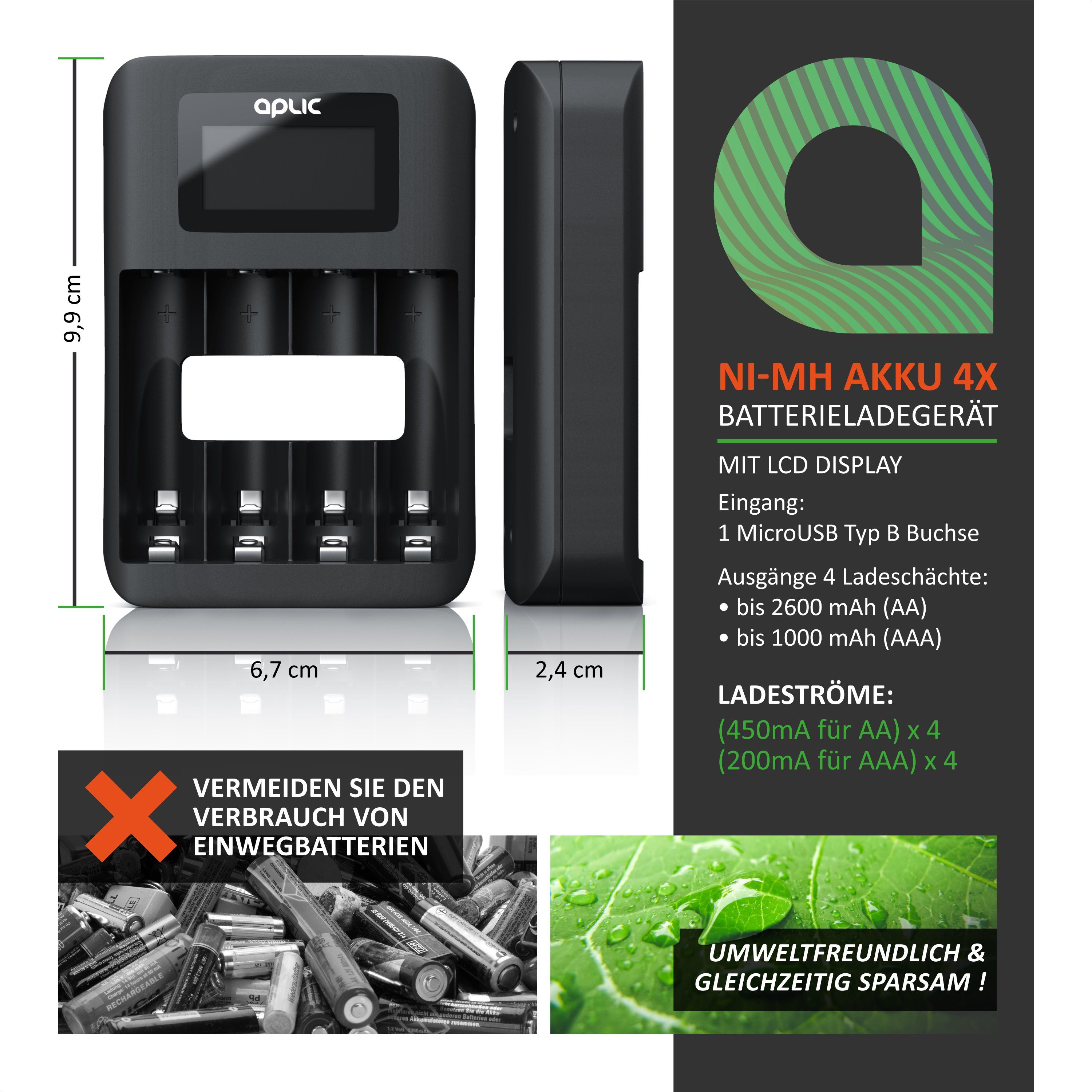 Aplic 4-Schacht USB Ni-MH Akku-Lader, Individuelle Ladeschachtüberwachung Batterie-Ladegerät (1800 mA, Universal Batterie Ladestation, Typ AA oder AAA, Einfache Handhabung)