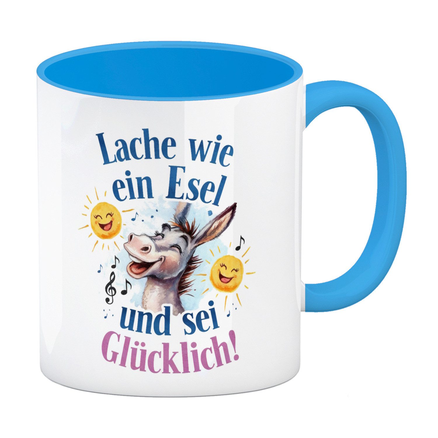 Tasse Fröhlicher Esel Lache und sei glücklich Kaffeebecher in hellblau