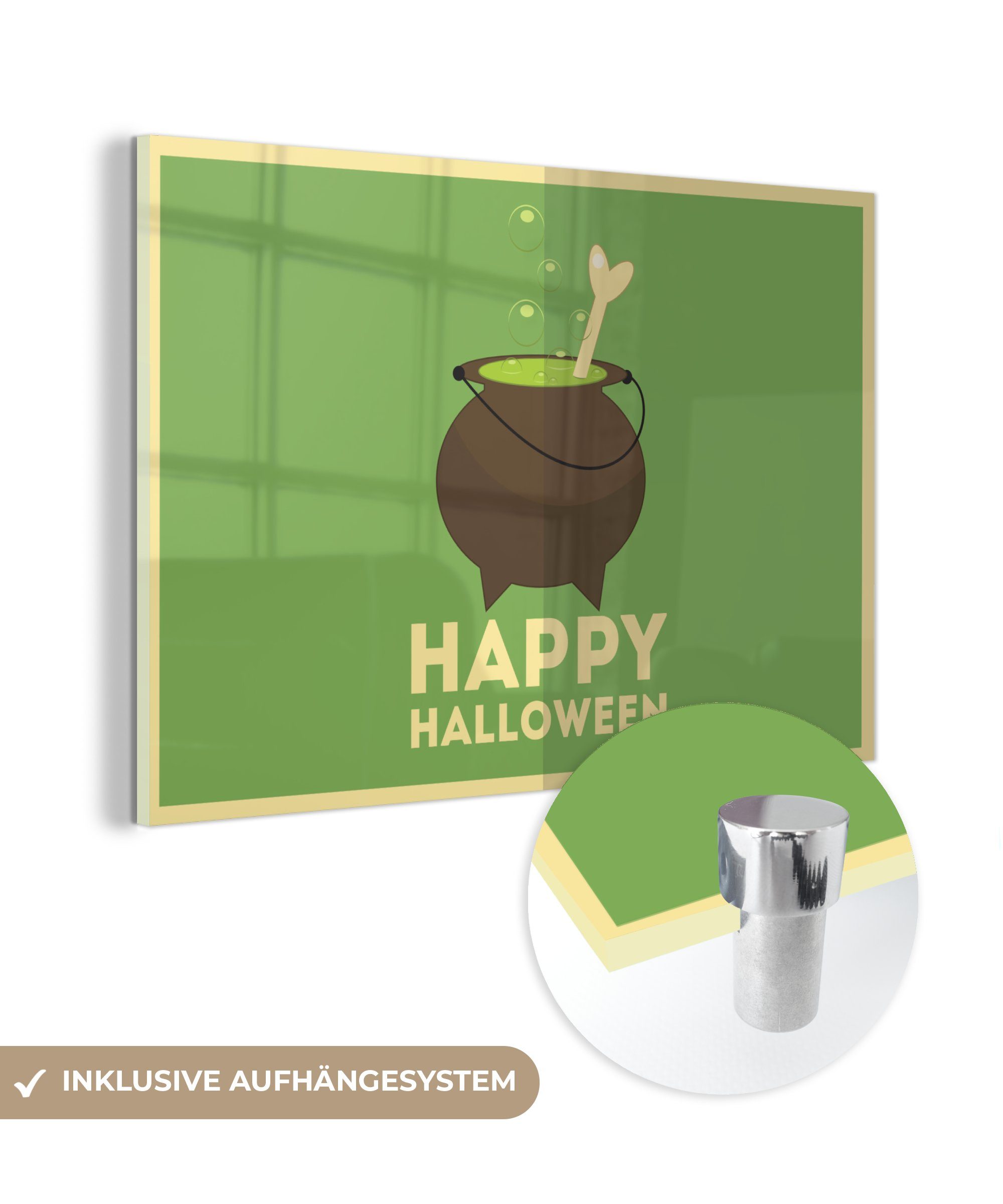 MuchoWow Acrylglasbild Happy Halloween" und ein Hexenkessel und Knochen auf grünem, (1 St), Acrylglasbilder Wohnzimmer & Schlafzimmer | Bilder