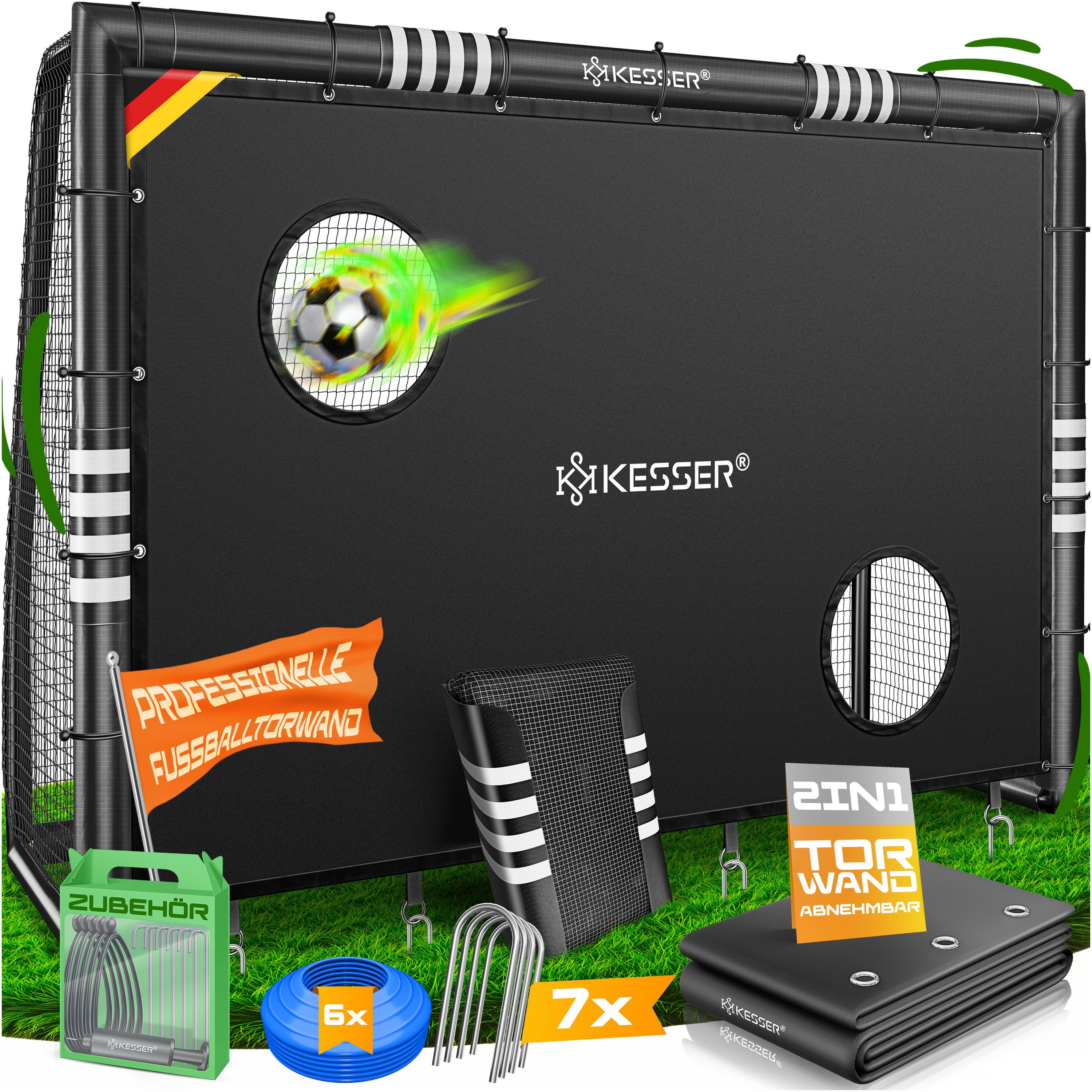 KESSER Fußballtor Hochwertiges Fussballtor mit optionaler Torwand Schusstraining (Stahlrahmen mit Polsterung, Erdhaken, Luftpumpe, Hüttchen), für Kinder und Erwachsene mit UV-beständigem Netz, Montagezubehör