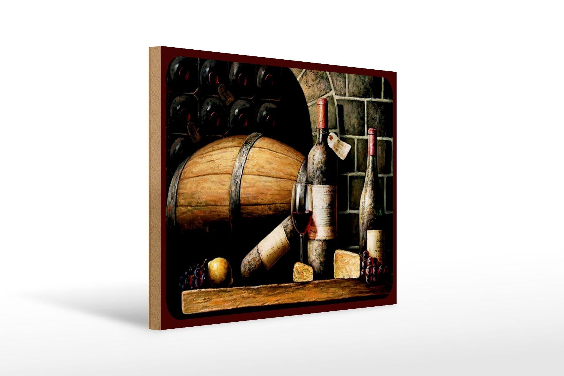 Femer GmbH Holzbild Retro 30x40 cm Rotwein Weinfass Weintrauben, (1 St), Glatte Holzfaserplatte (MDF), vorn beschichtet