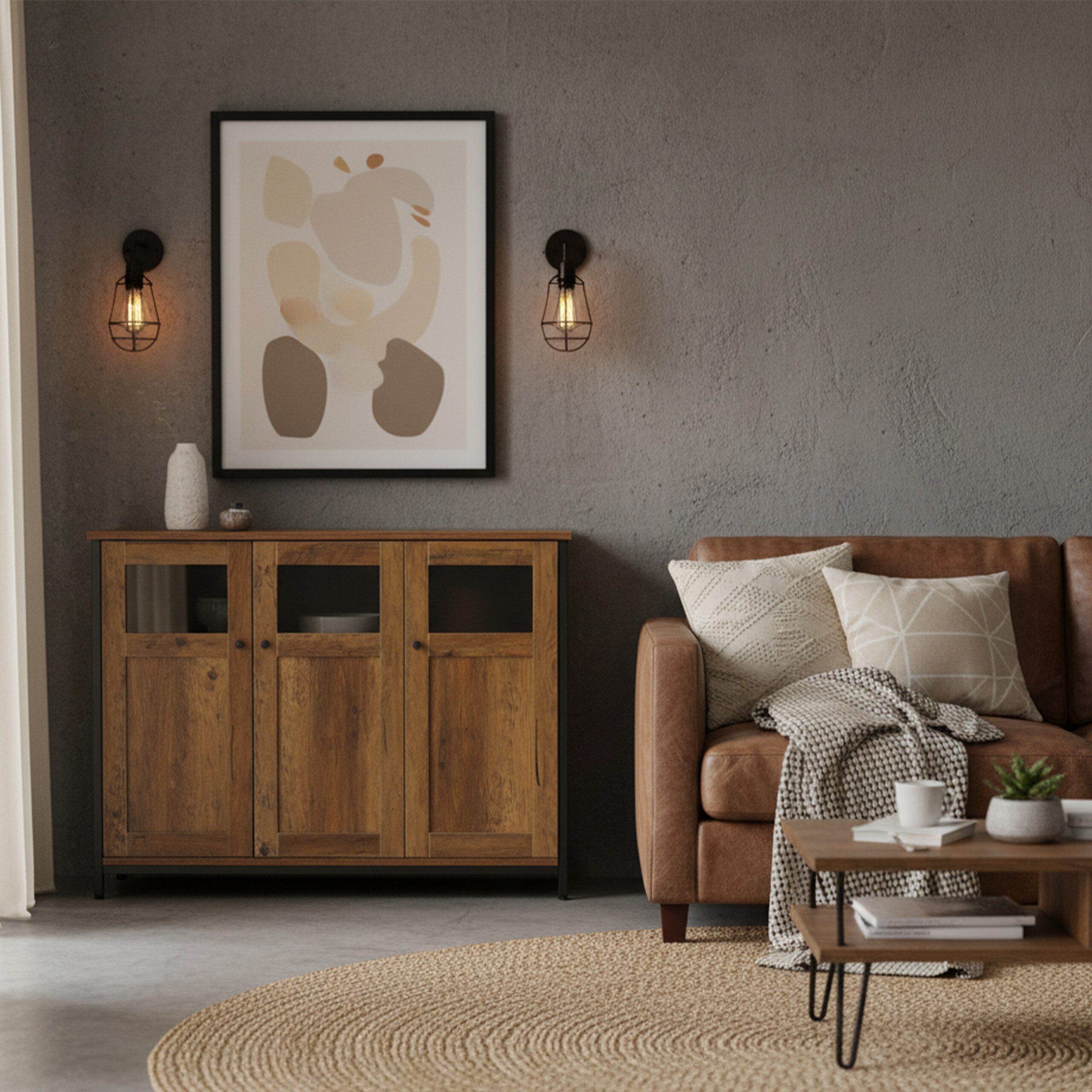 relaxdays Küchenbuffet Küchenschrank mit Glastüren Holzoptik-Schwarz günstig online kaufen