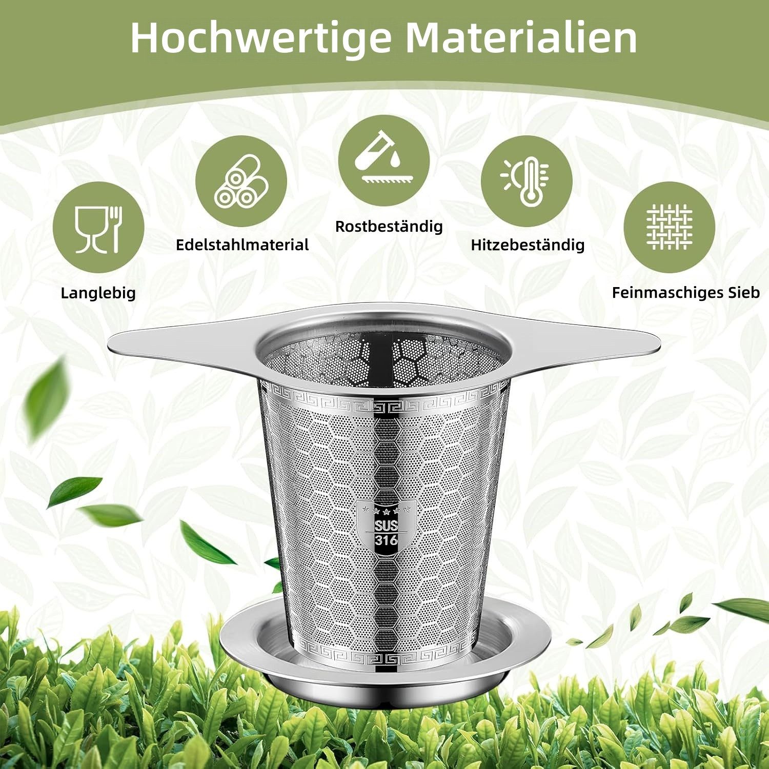 FOUORTUNATE-BEE Teesieb Edelstahl-Teesieb mit Griffen und Abtropfschale, Teesieb aus Edelstahl für Tassen und Teekannen
