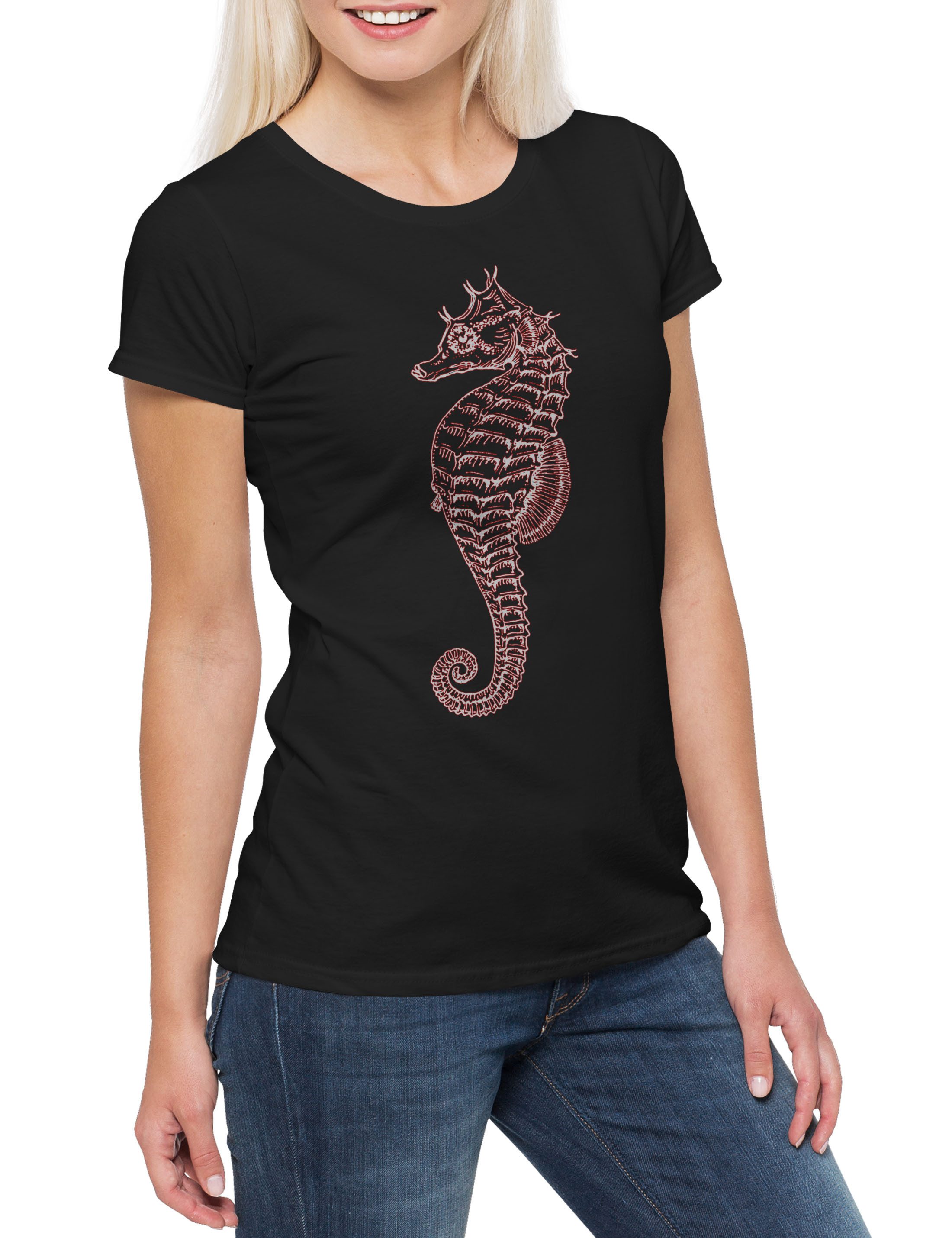Urban Backwoods Print-Shirt Sea Horse Damen T-Shirt Seepferdchen Tattoo Nau günstig online kaufen