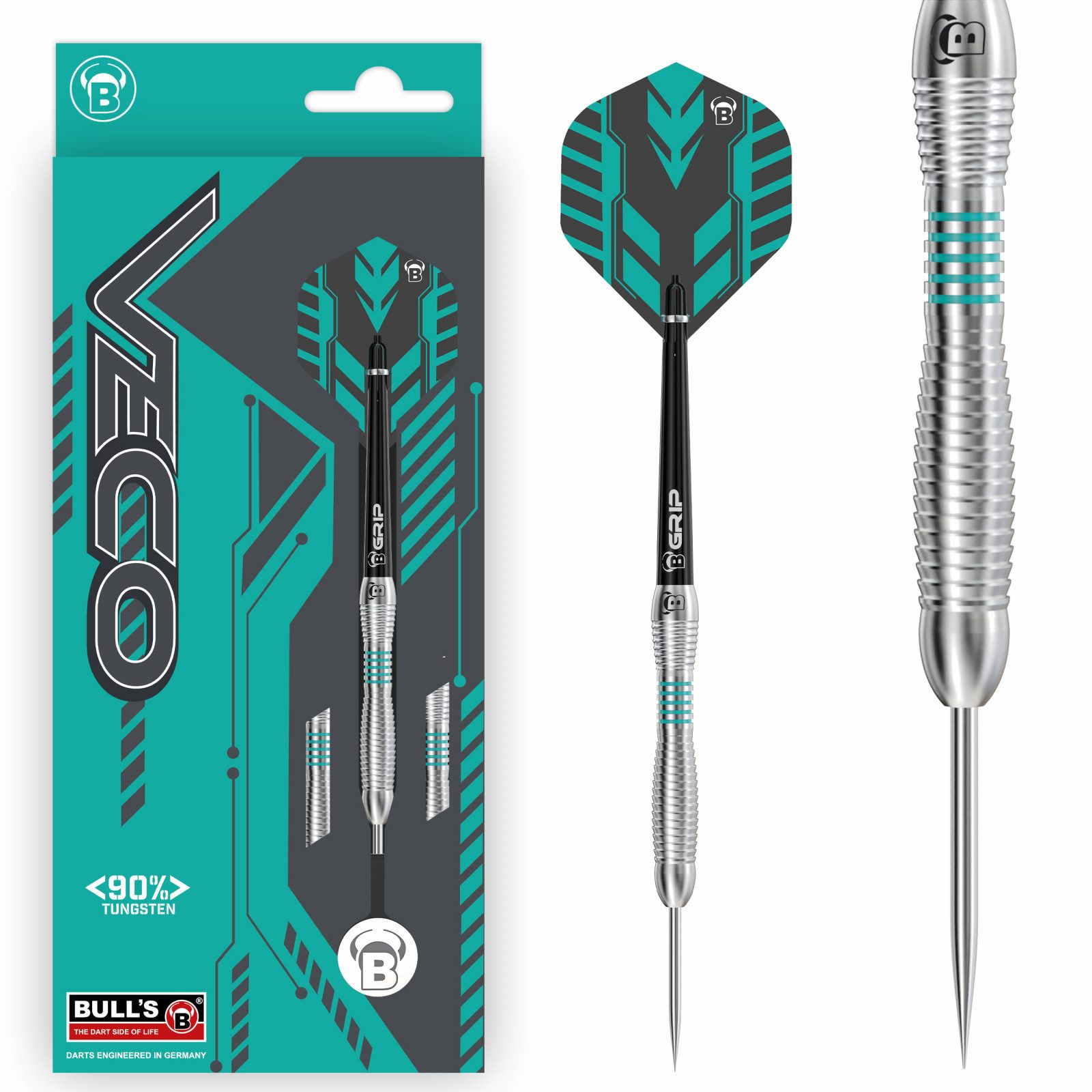 BULL'S Dartpfeil BULL'S Steeldart Veco V3, 90% Tungsten, 23 Gramm, Grün, Kompletter Satz, 90% Tungsten Anteil