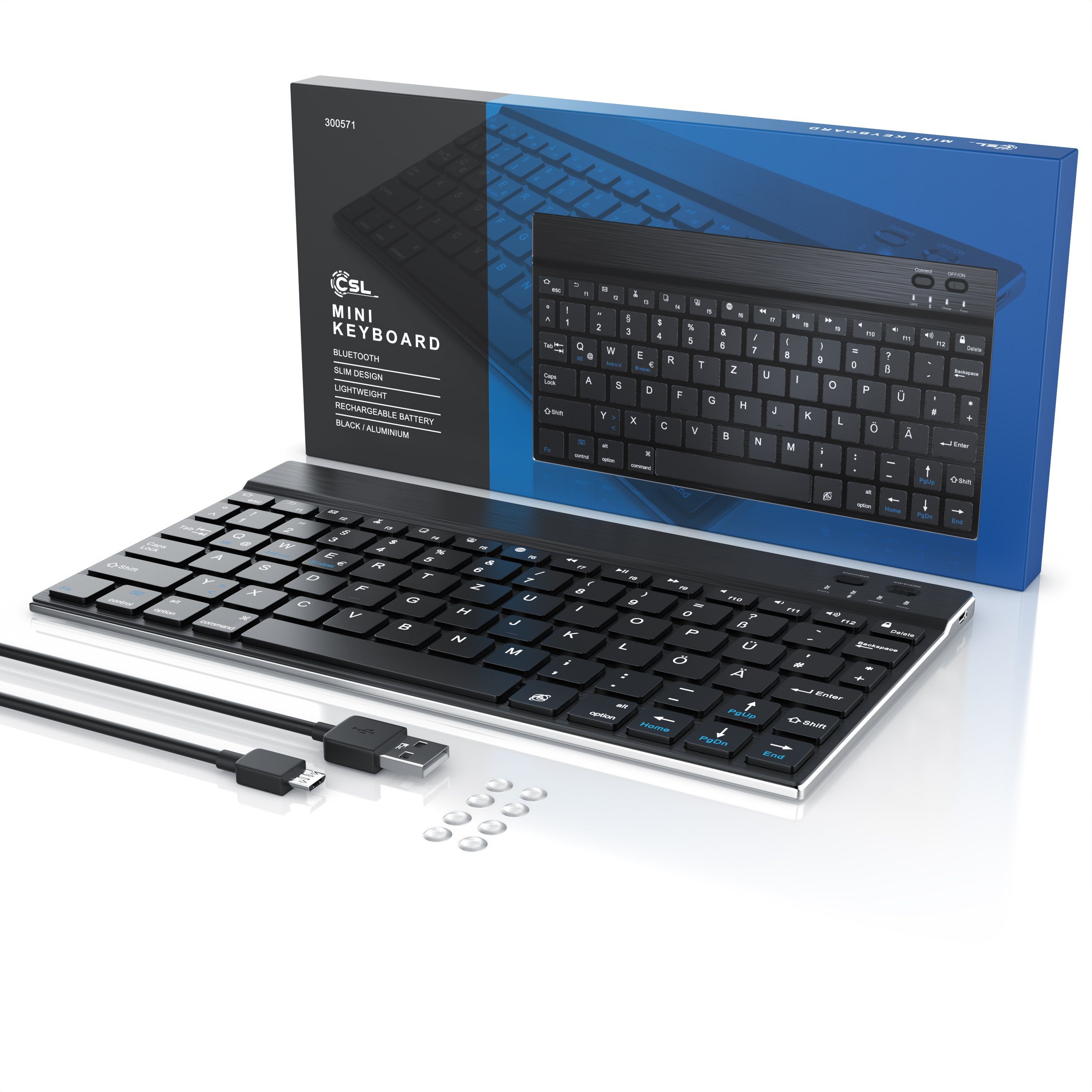 CSL Wireless-Tastatur (Ultra Slim Keyboard, Alugehäuse, 3.0) Deutsches Layout, Bluetooth, schwarz/silber BT