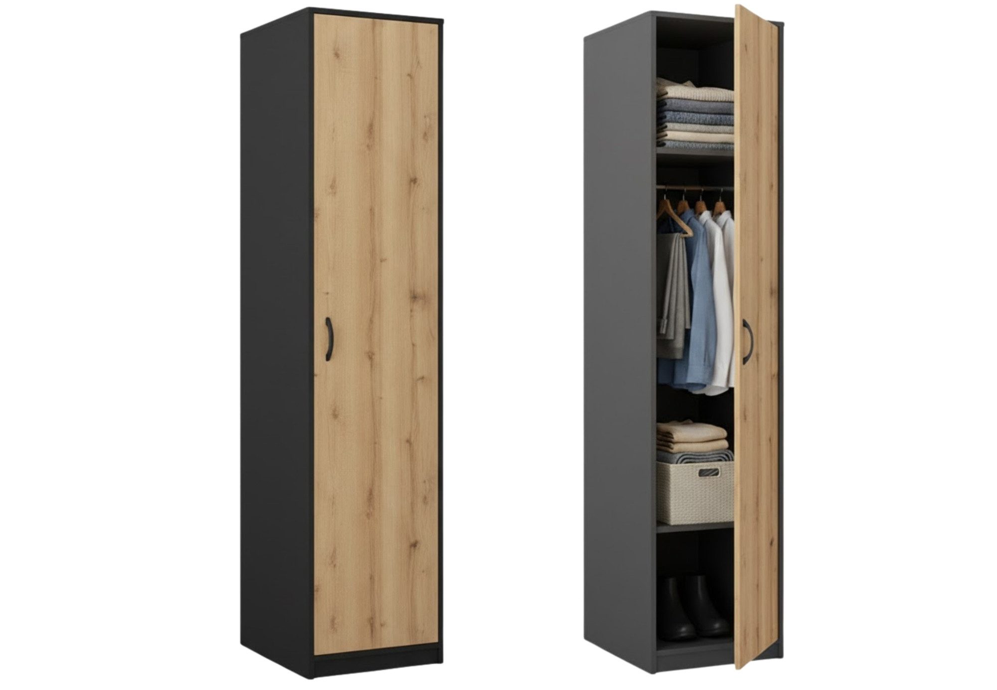 Home Collective Garderobenschrank Kleiderschrank mit 1 Tür, 1 Kleiderstange und 2 Einlegeböden 40 cm breit Schrank schmal matte Oberfläche graphit Eiche