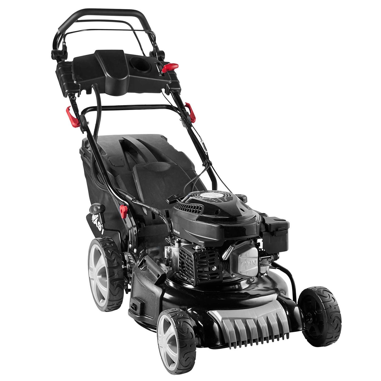 BRAST Benzinrasenmäher mit Antrieb 3,5kW(4,76PS) Elektrostart 4 Takt OHV Motor, 46 cm Schnittbreite, 30-80mm Schnitthöhe 60L Fangkorb Stahlgehäuse TÜV