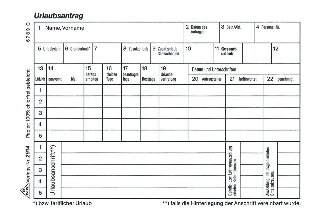 Formularblock Urlaubs-Freistellungsantragsblock A6 quer 50 Blatt