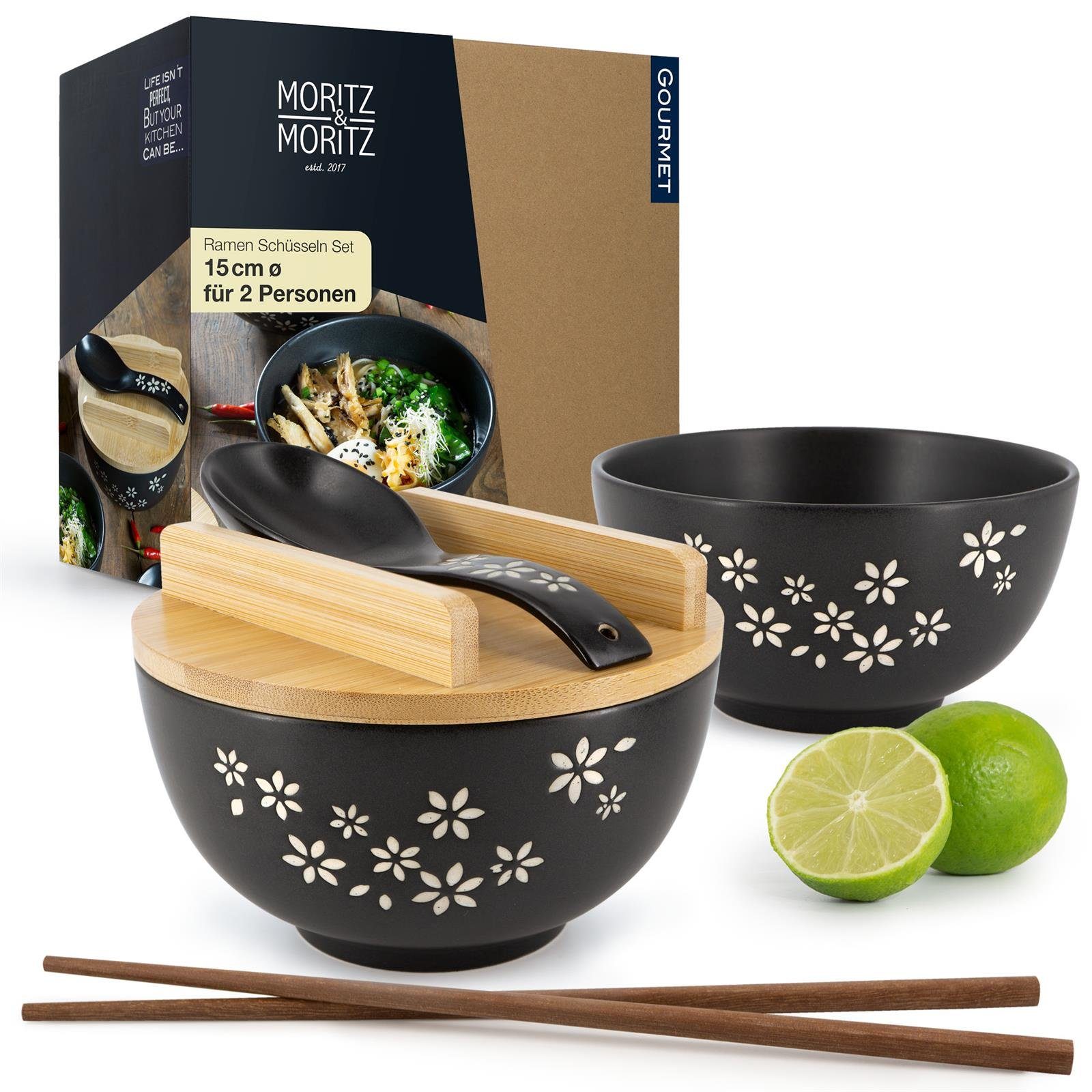 Moritz & Moritz Suppenschüssel 2x Ramen Schüssel mit Blumen, Keramik, (2 Personen, 10-tlg), Ramen Bowl Set