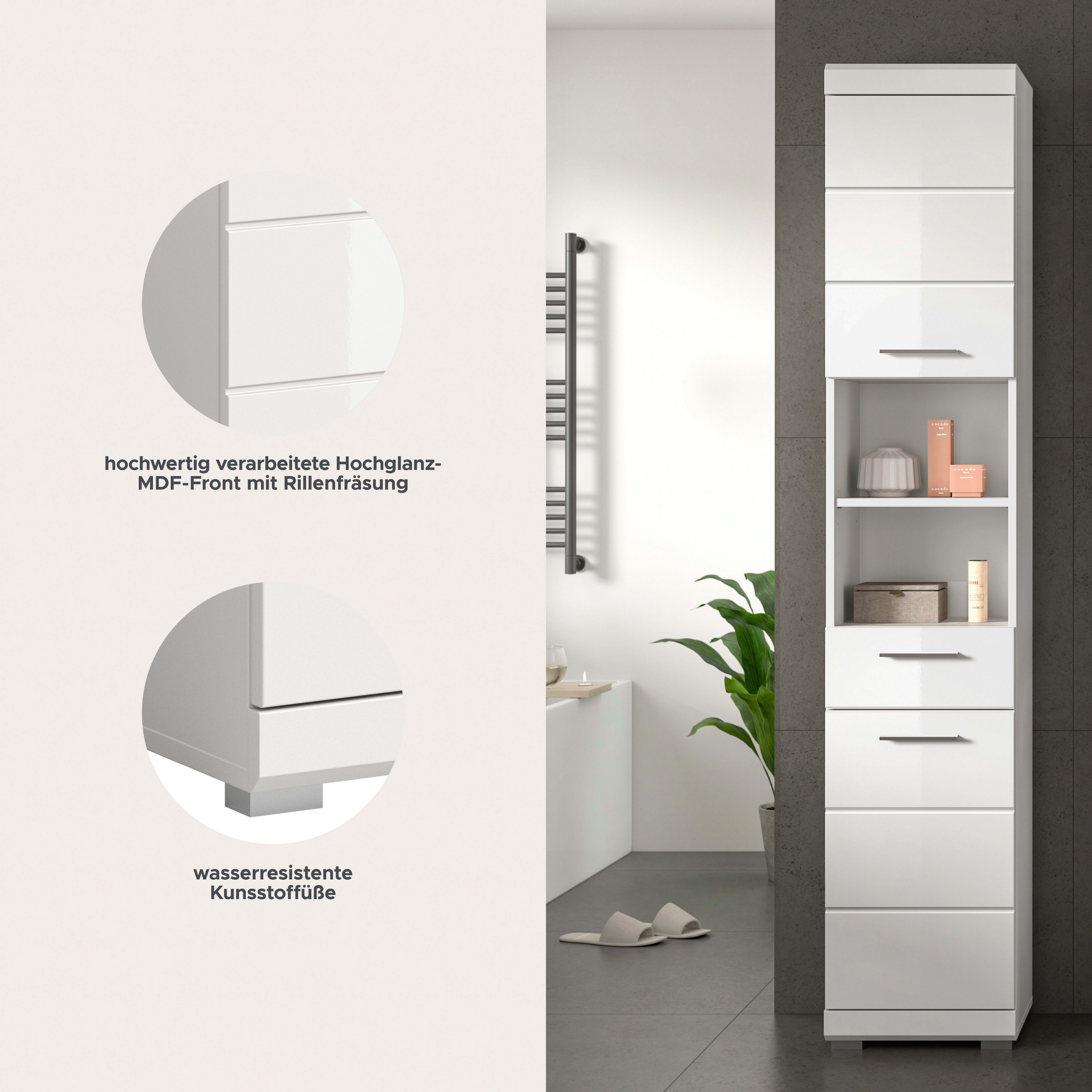 welltime Hochschrank SIENA, Breite 37cm, 2 Tür, 1 Schubkasten, 2 offene Fächer, MDF-Front (1-St., TOPSELLER) in verschiedenen Farben erhältlich, Badmöbel, Badschrank, Schrank, Bad