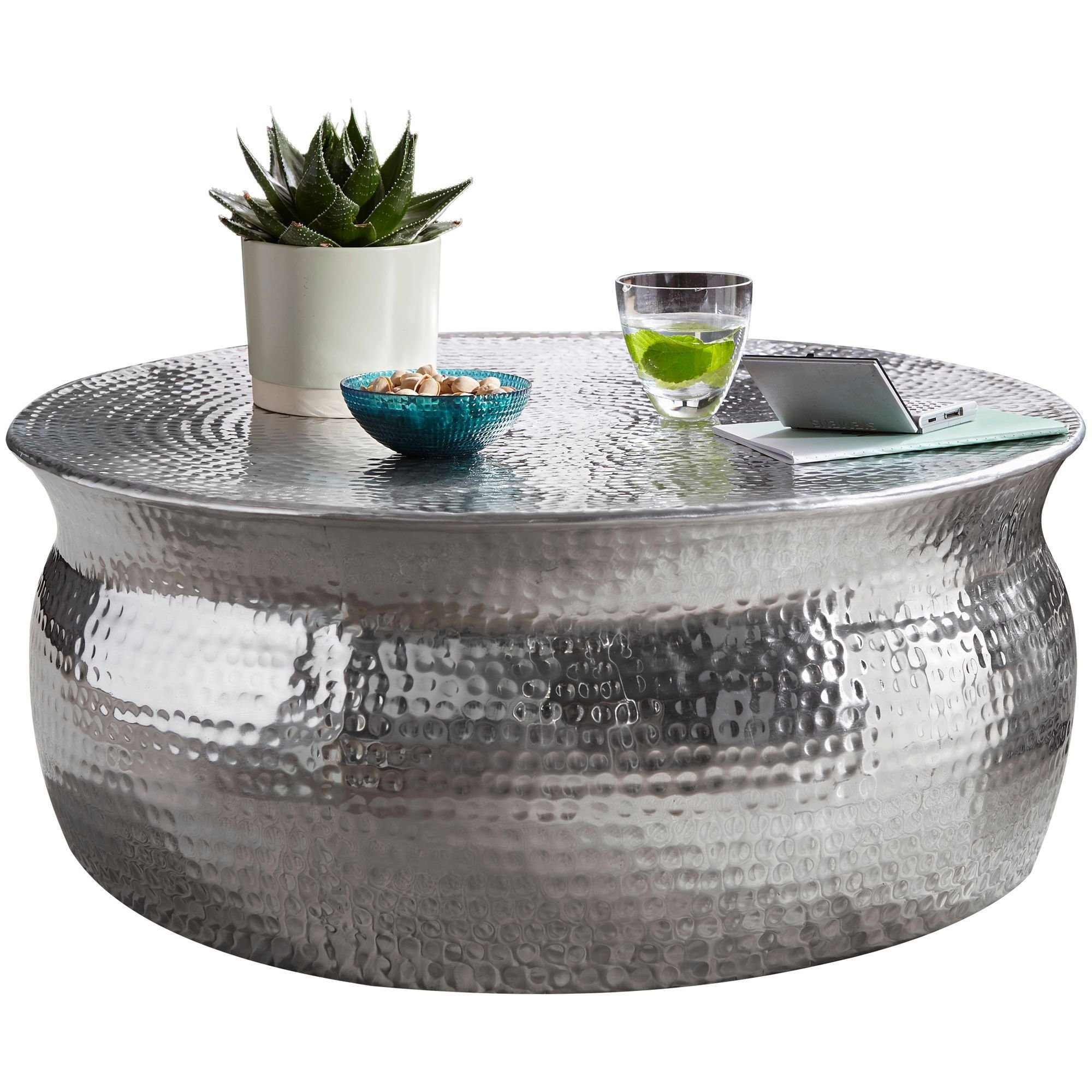 möbelando Couchtisch Couchtisch 75x31x75cm Aluminium Silber Beistelltis, Couchtisch 75x31x75cm Aluminium Silber Beistelltisch orientalisch rund, Flacher Hammerschlag Sofatisch Metall, Design Wohnzimmertisch modern, Loungetisch indisch Stubentisch klein