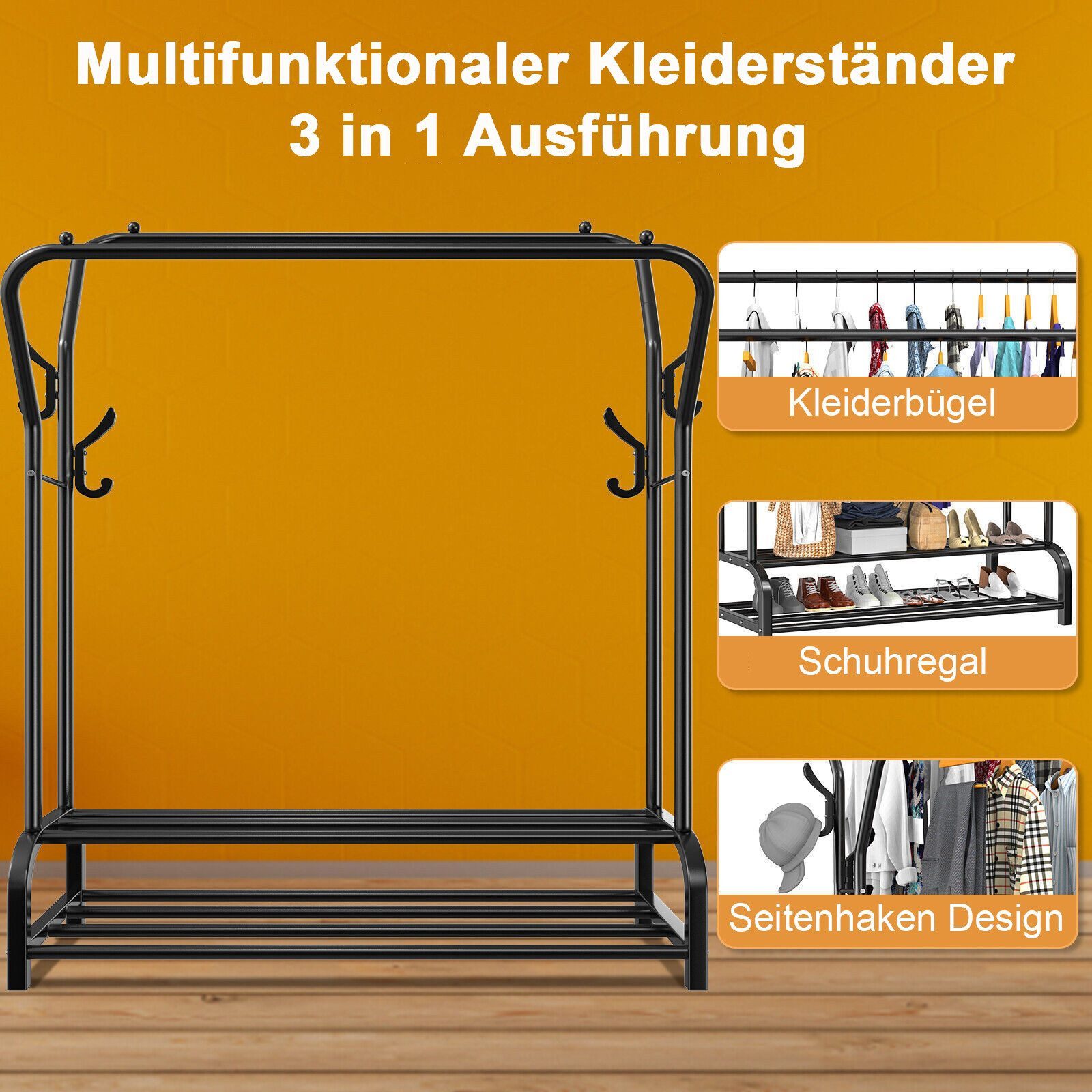 ToteBox Garderobenständer 3-in-1-Kleiderständer: Doppelstangen, 8 Haken & Schuhablage – Stabil – Bild 5 von 5